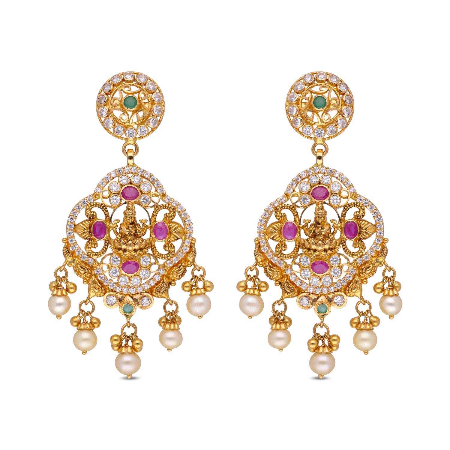 Ornate Gold Chandbali Earrings with Ruby, Emerald, Zircon, and Pearl