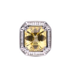 White Gold Ring with Radiant Yellow Sapphire and Baguette Diamonds