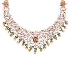 Traditional Gold Diamond Necklace with Emerald Bead Drops and Gandaberunda Motif