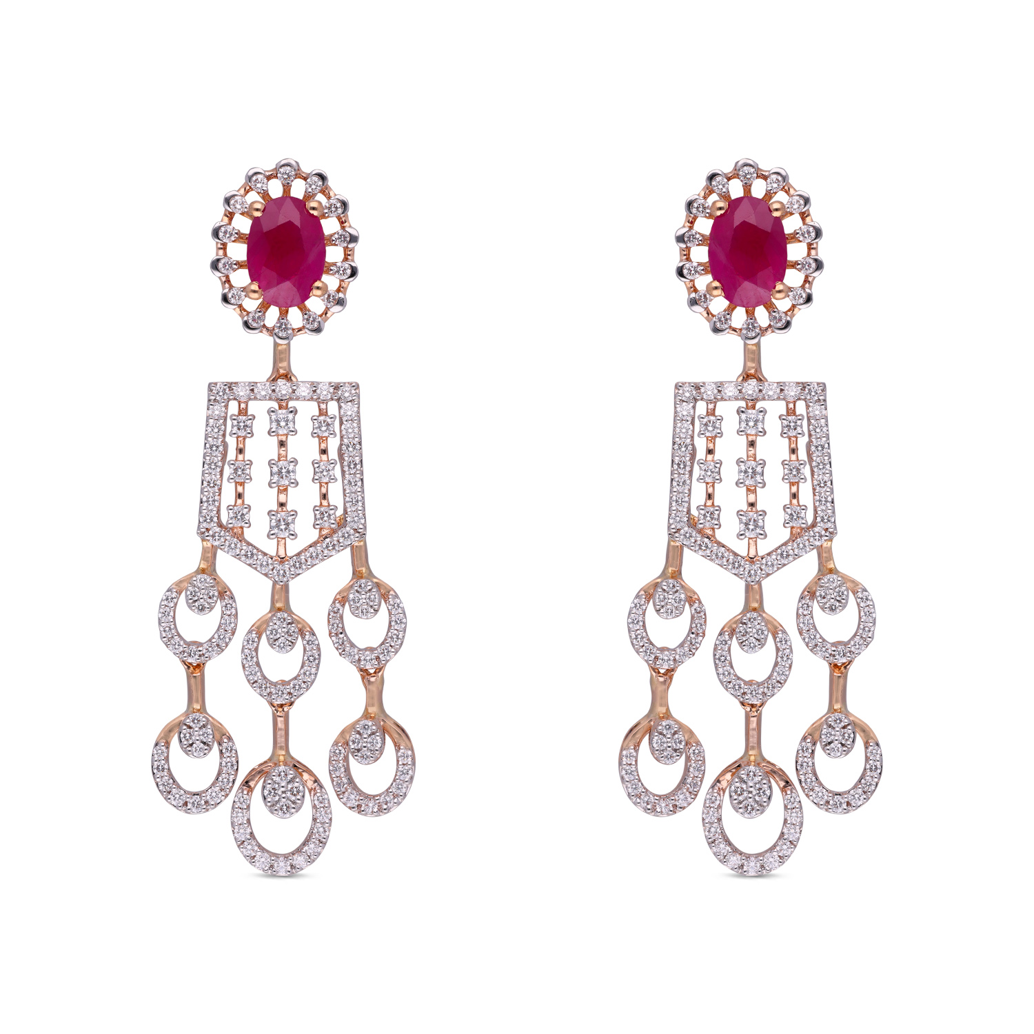 Fancy Long Gold Eardrops with Diamonds and Oval-Shaped Ruby