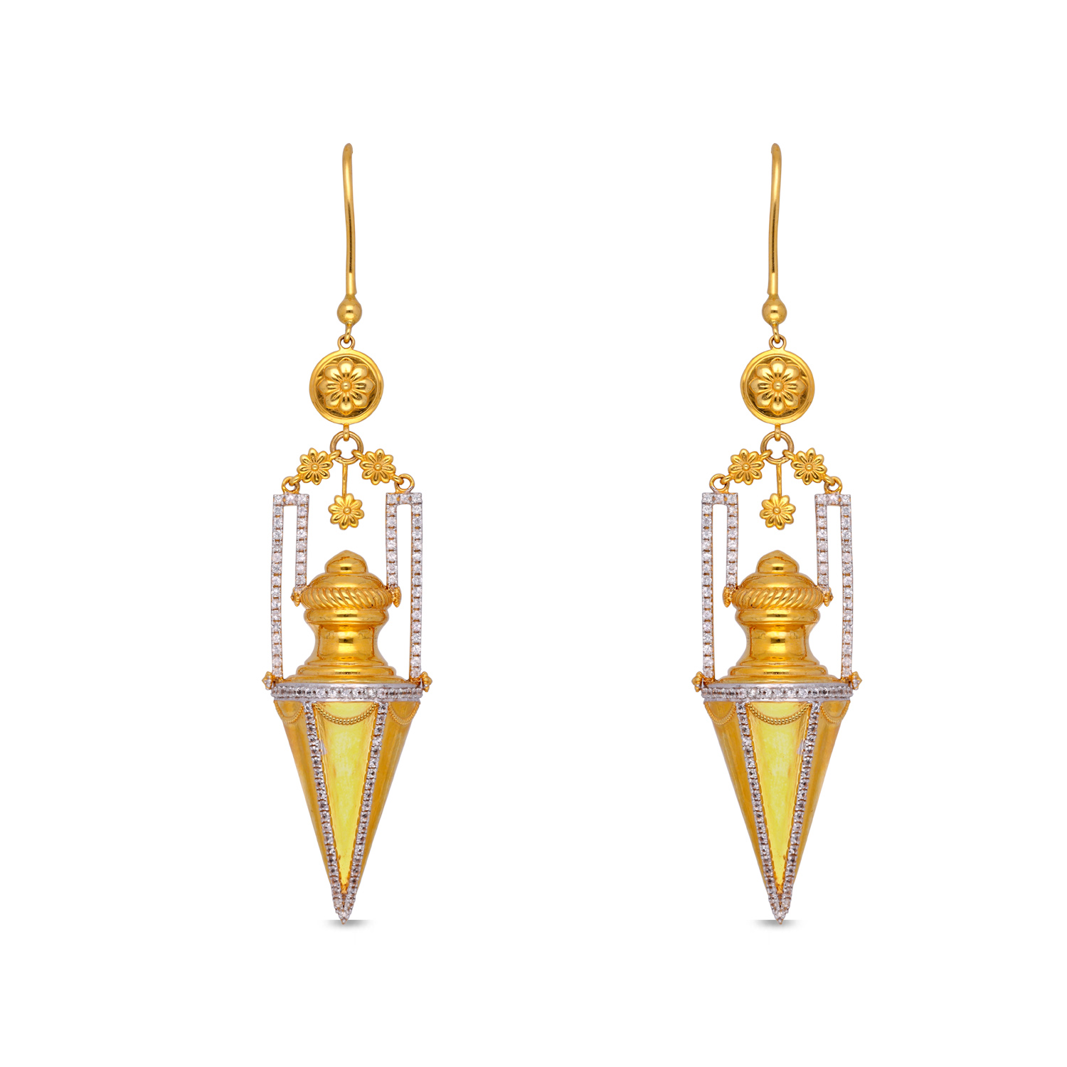 Intricate Gold Hoop Earrings with Floral and Conical Design