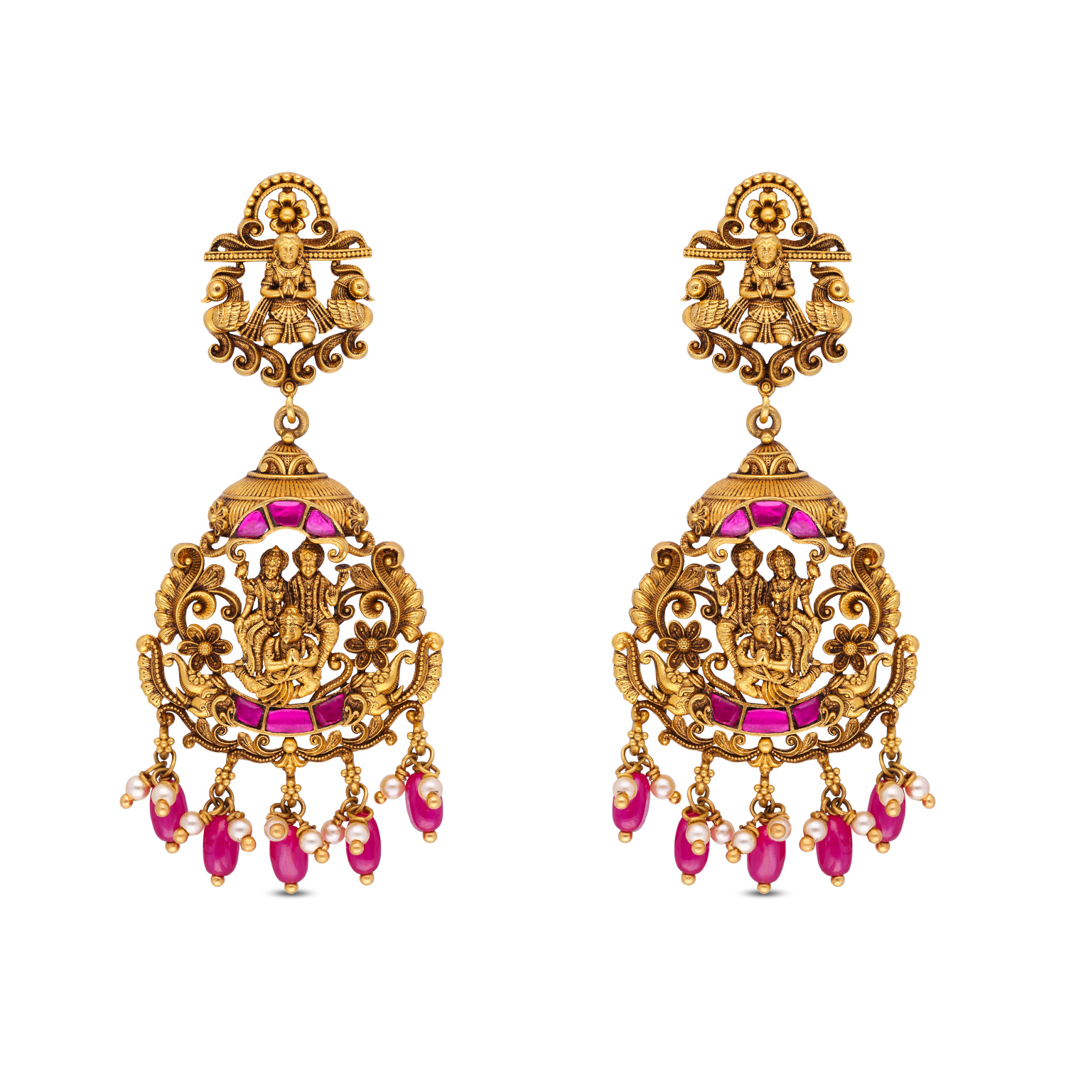 Traditional Temple Design Earrings with Red Stones and Cultured Pearls