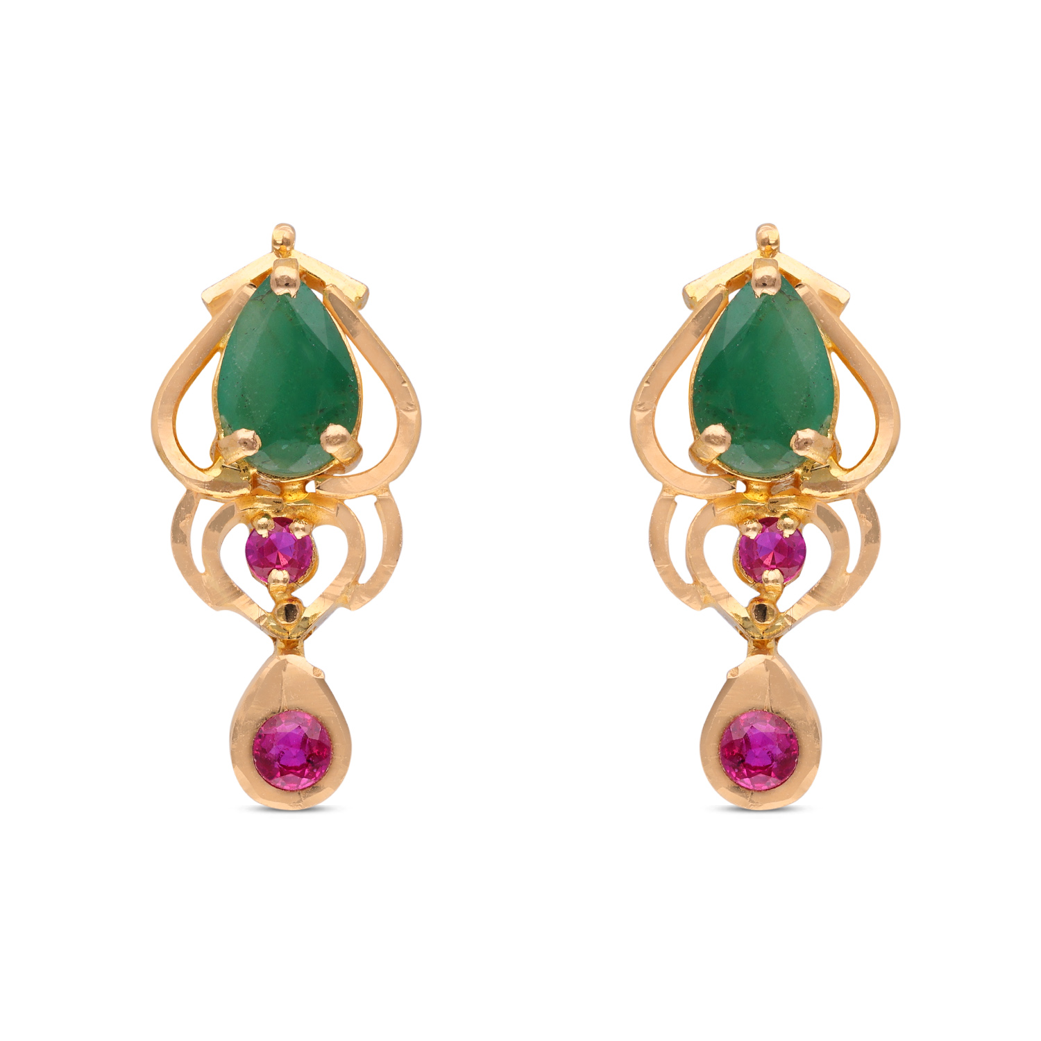 Emerald and Ruby Drop Gold Earrings