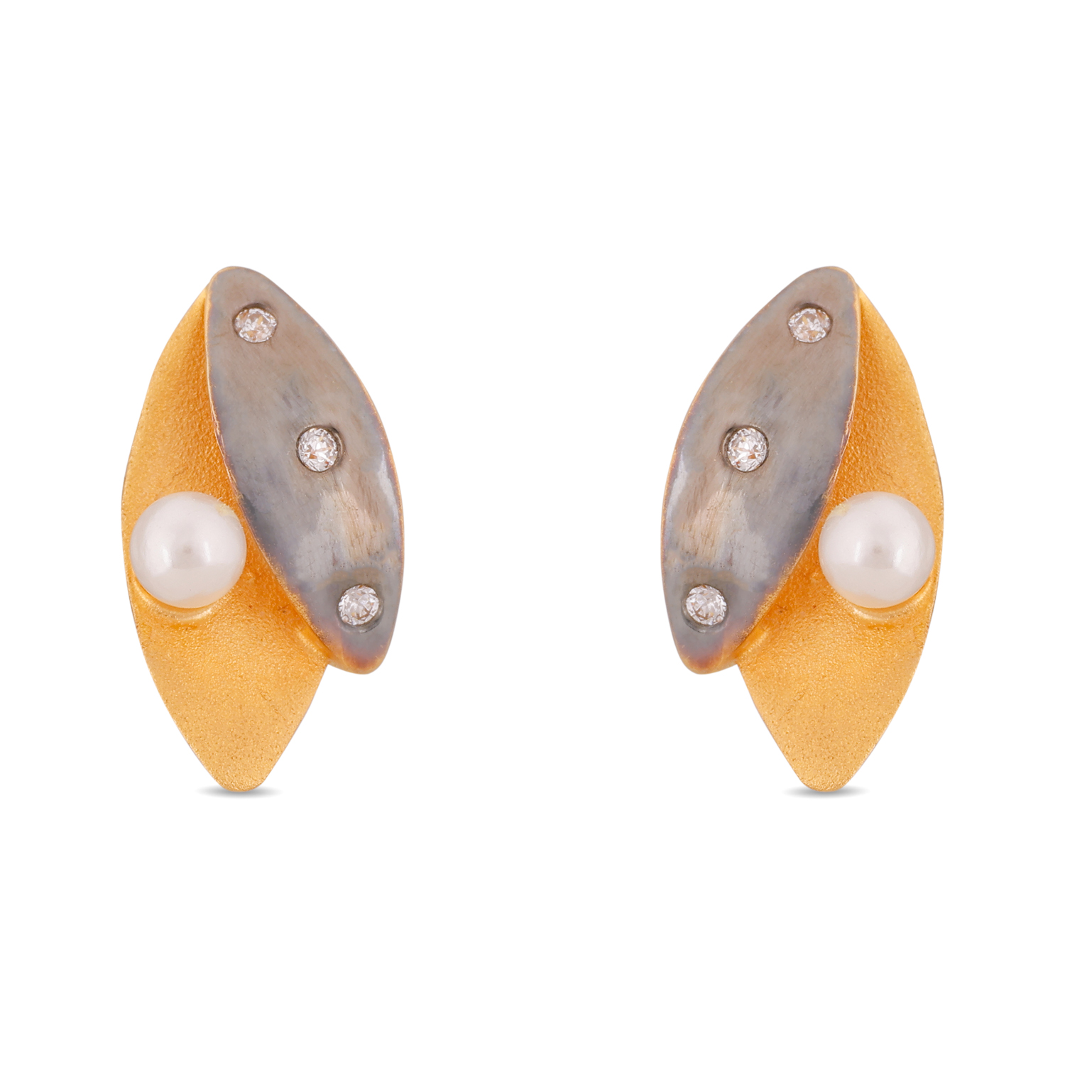 Modern Leaf Design Stud Earrings with Cultured Pearl and Cubic Zirconia