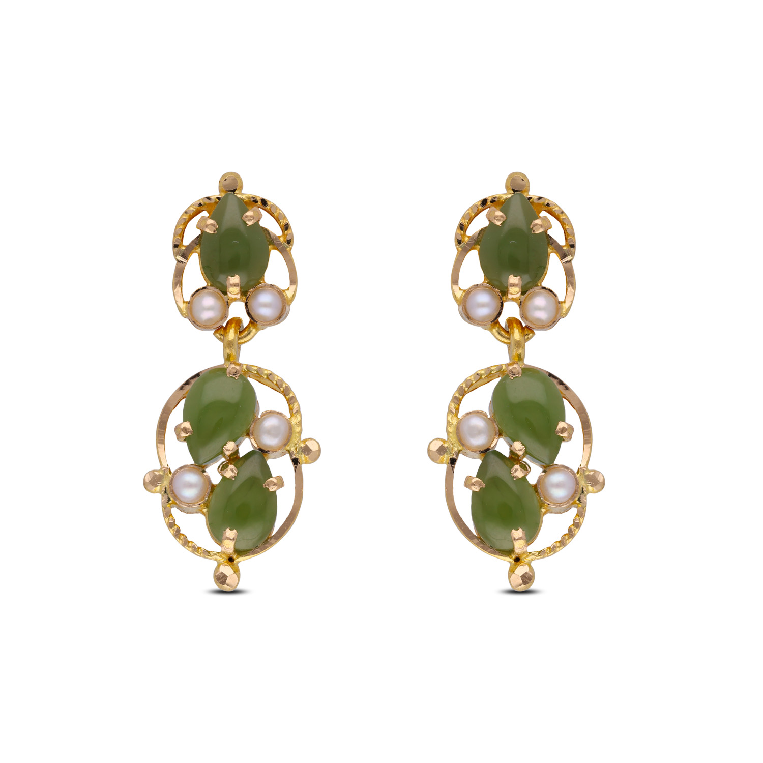 Elegant Look Gold drops Jade Nephrite and Cultured Pearls