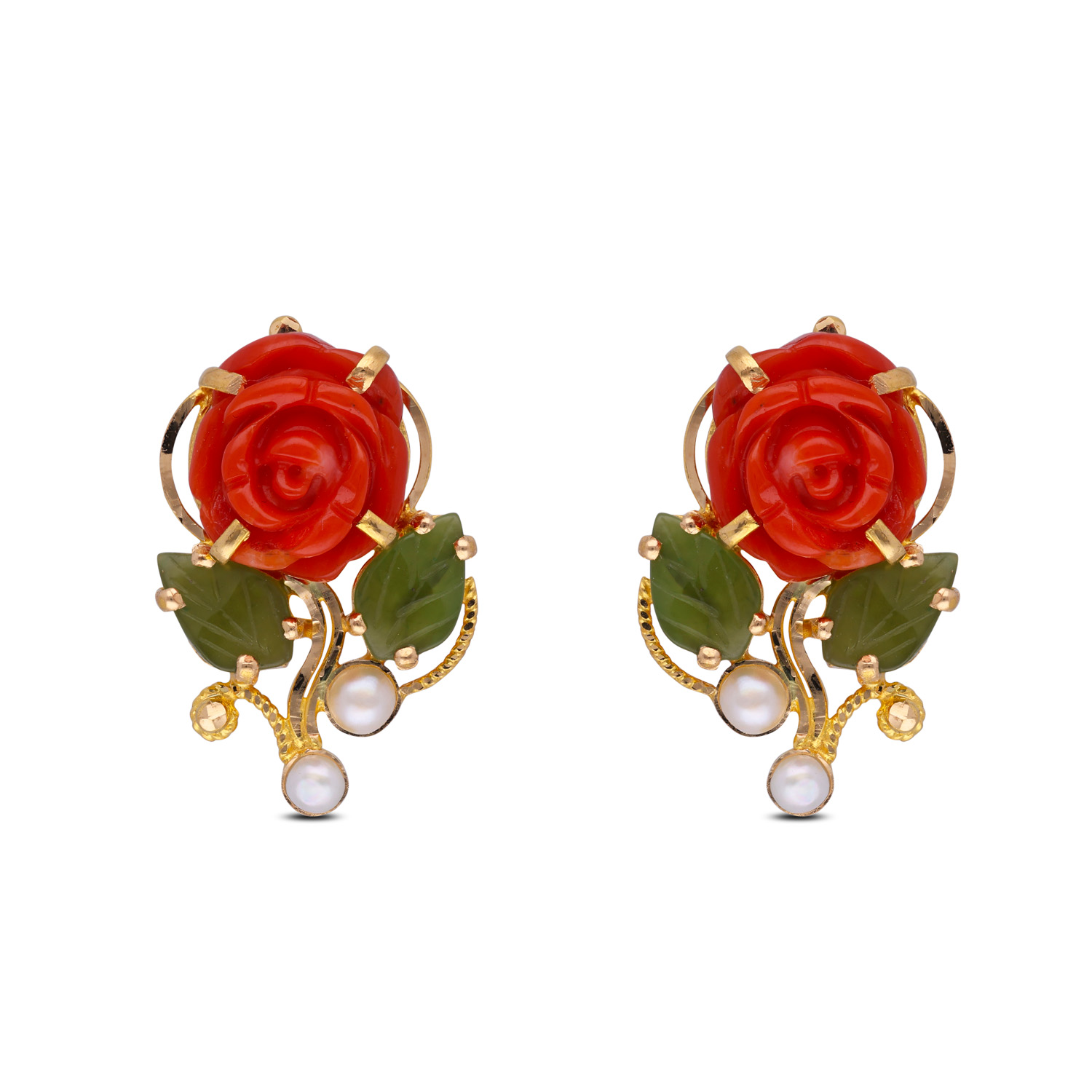 Elegant Handcrafted Floral Earrings with Carved Rose coral, Jade, and Cultured Pearls