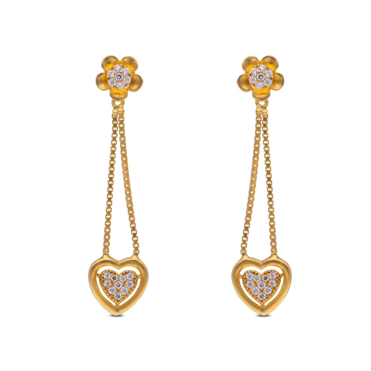 Heart Charm Drop Earrings with Cubic Zirconia and Floral Accents