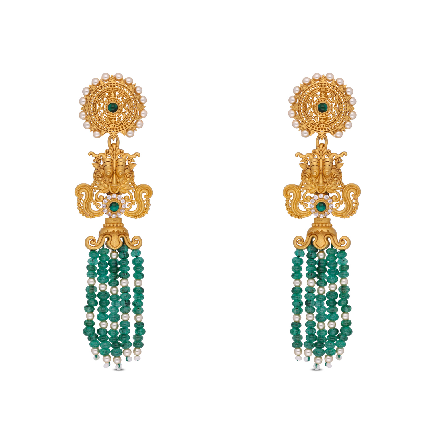 Majestic Gold Ear Drops with Emerald Beads and Cubic Zirconia