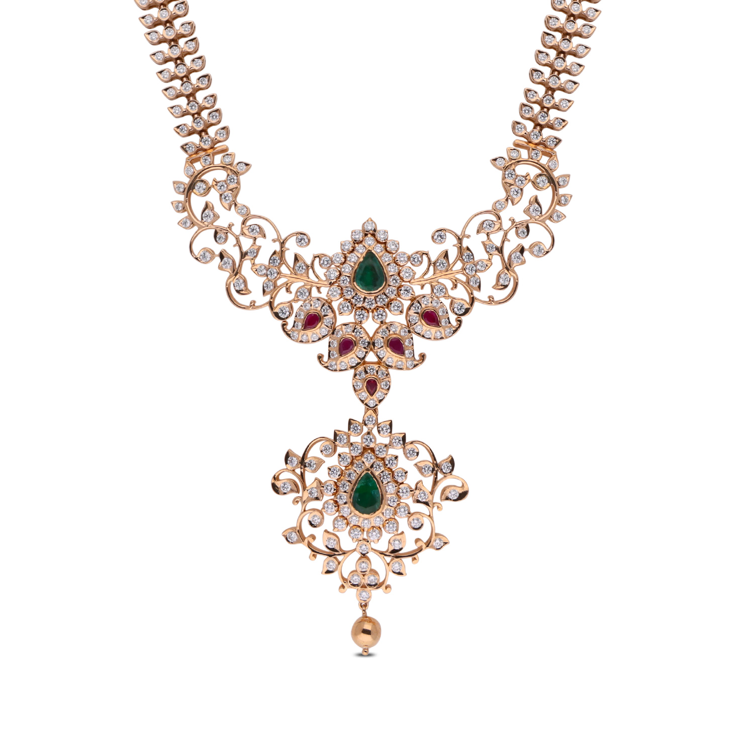 Ornate Diamond Necklace with Ruby and Emerald Accents