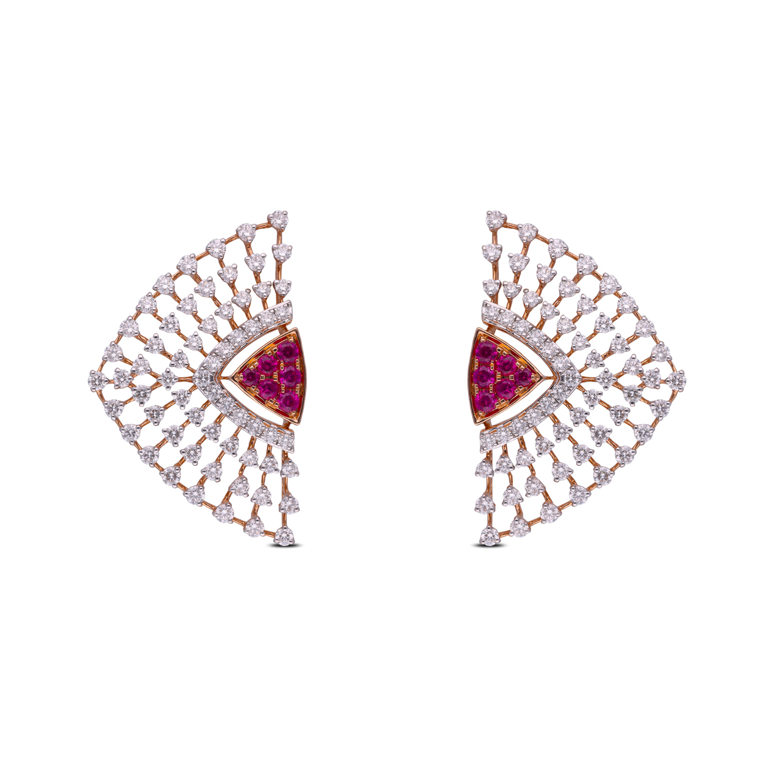 Radiant Ruby Triangle with Diamond Mesh Statement Earrings