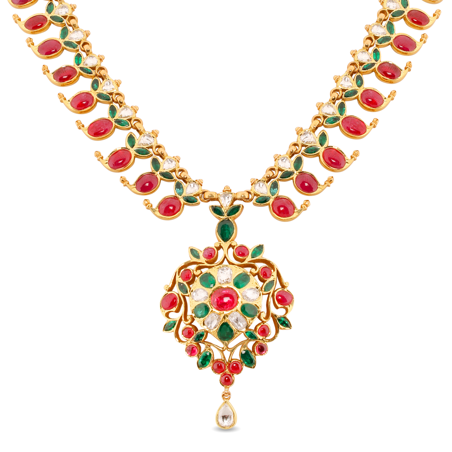 Grandiose Ruby and Emerald Necklace with Rose Cut Diamonds