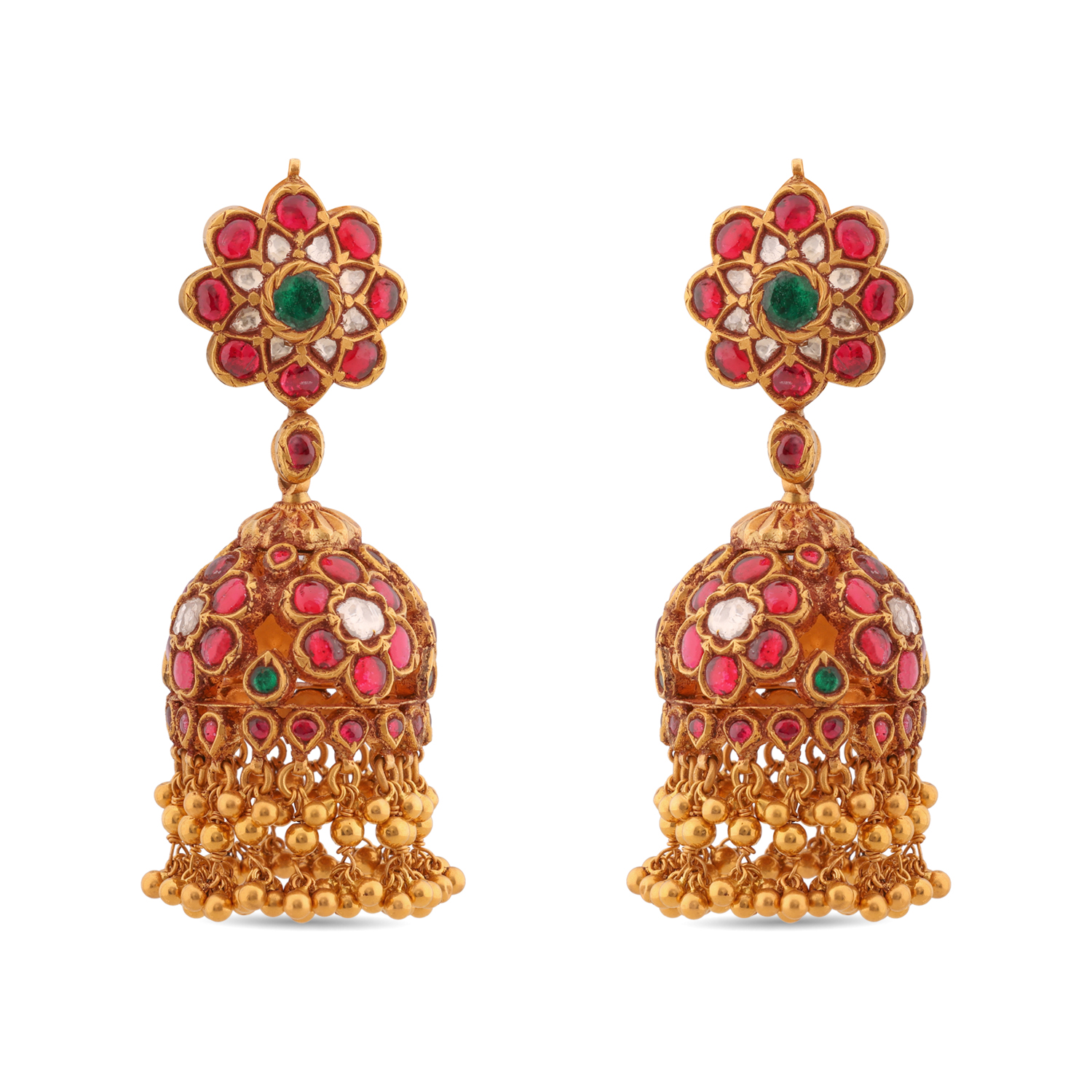 Regal Ruby and Emerald Floral Jhumka Earrings with Rose Cut Diamonds