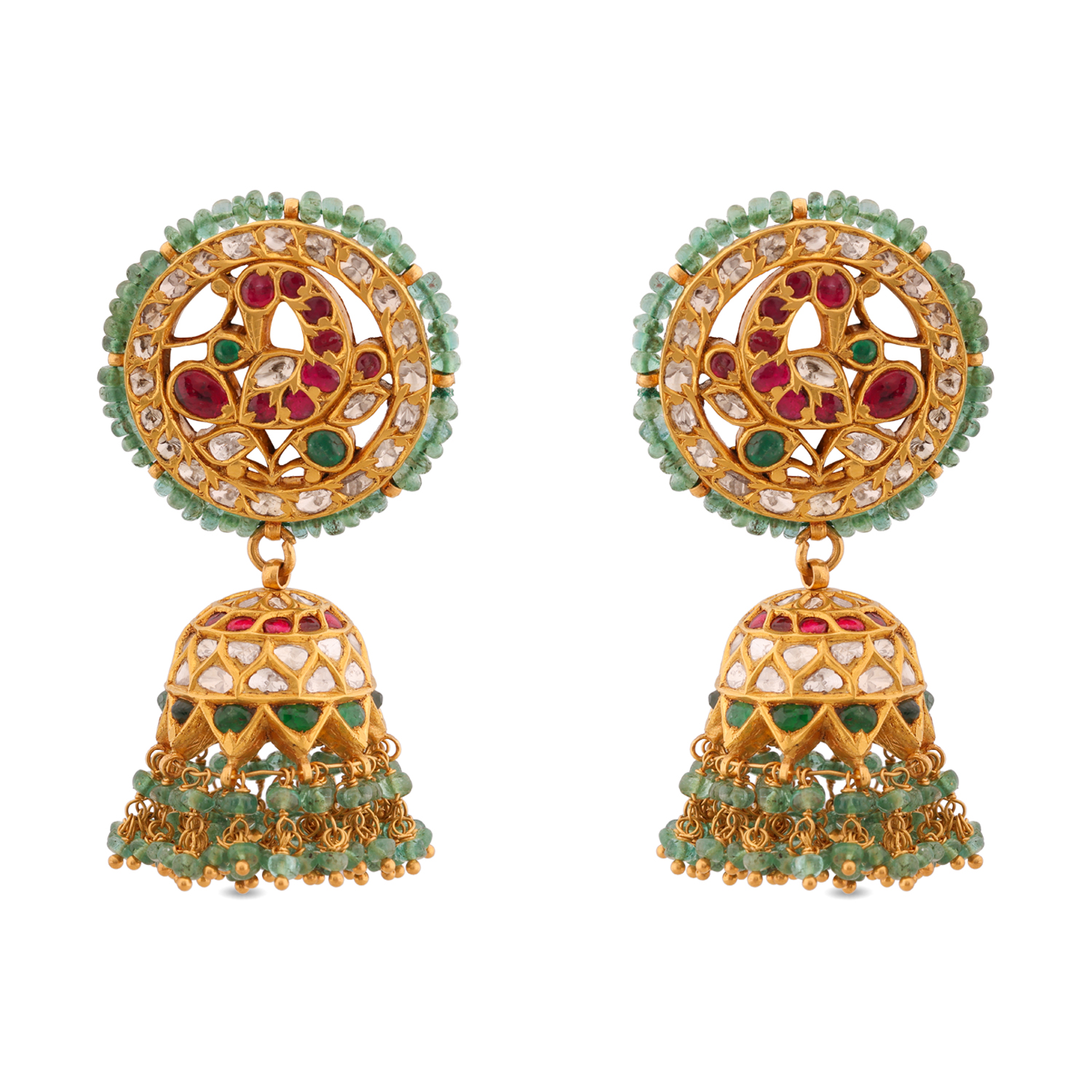 Exquisite Ruby and Emerald Studded Jhumka Earrings with Rose Cut Diamonds