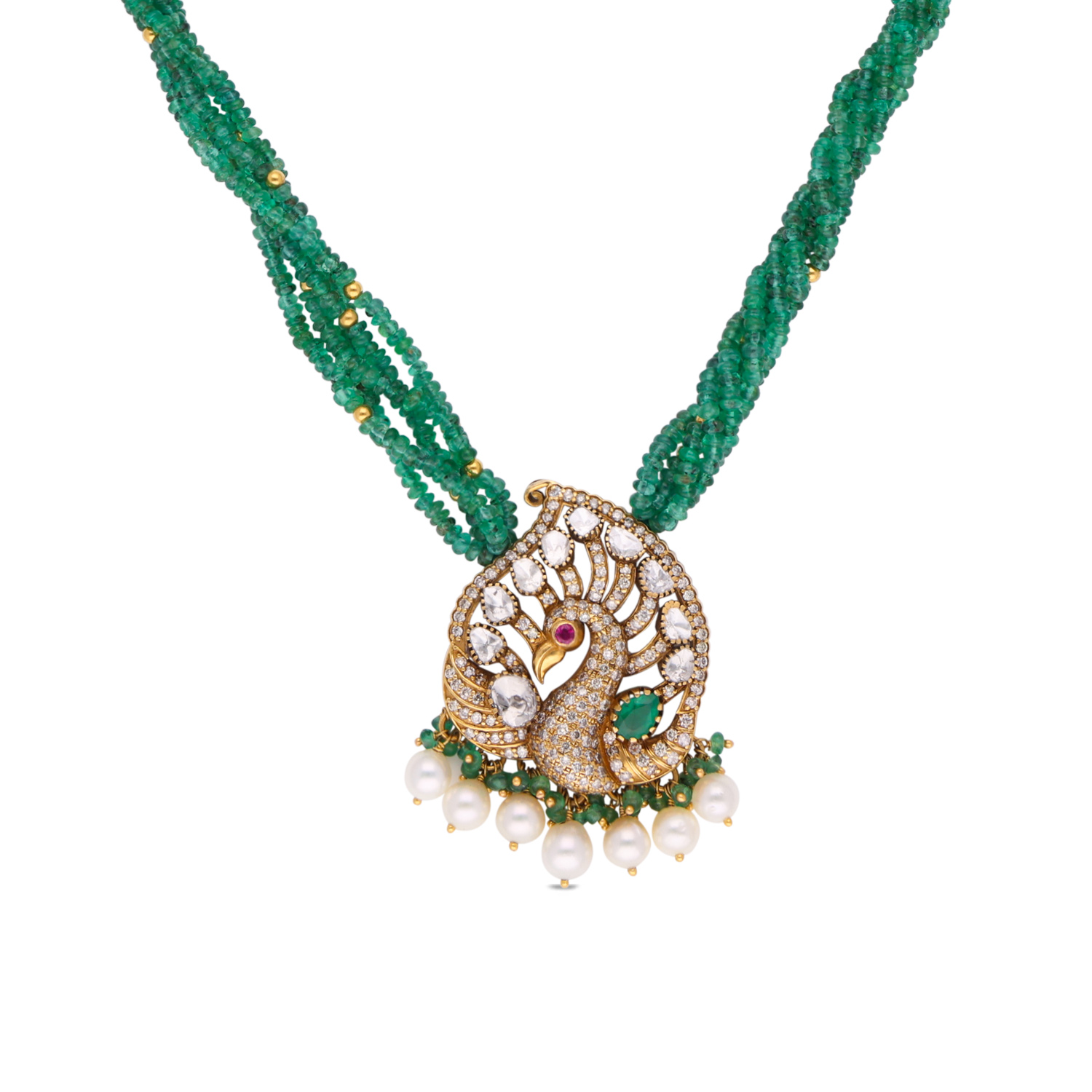 Regal Emerald Bead Necklace with Peacock Motif and Rose Cut Diamonds