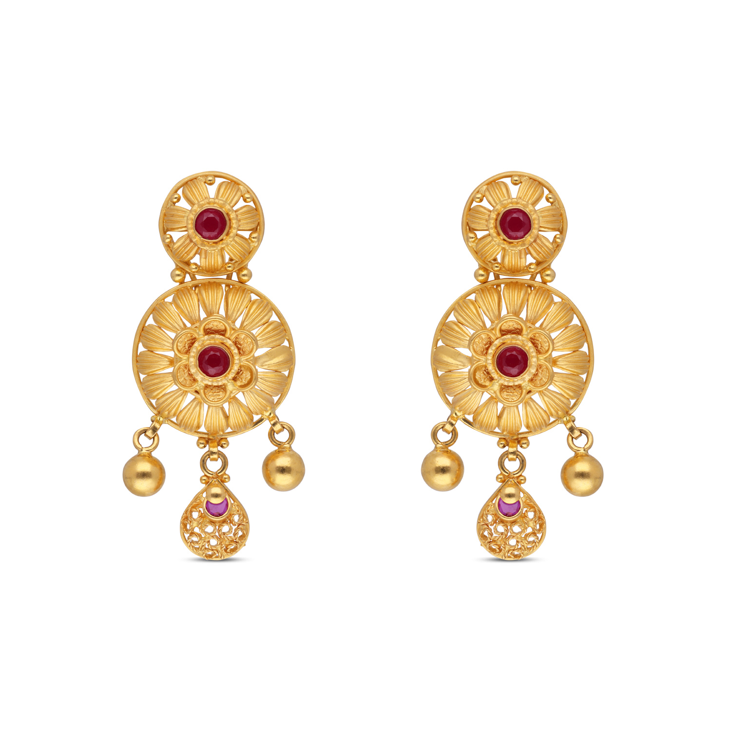 Radiant Ruby Floral Earrings with Intricate Gold Detailing
