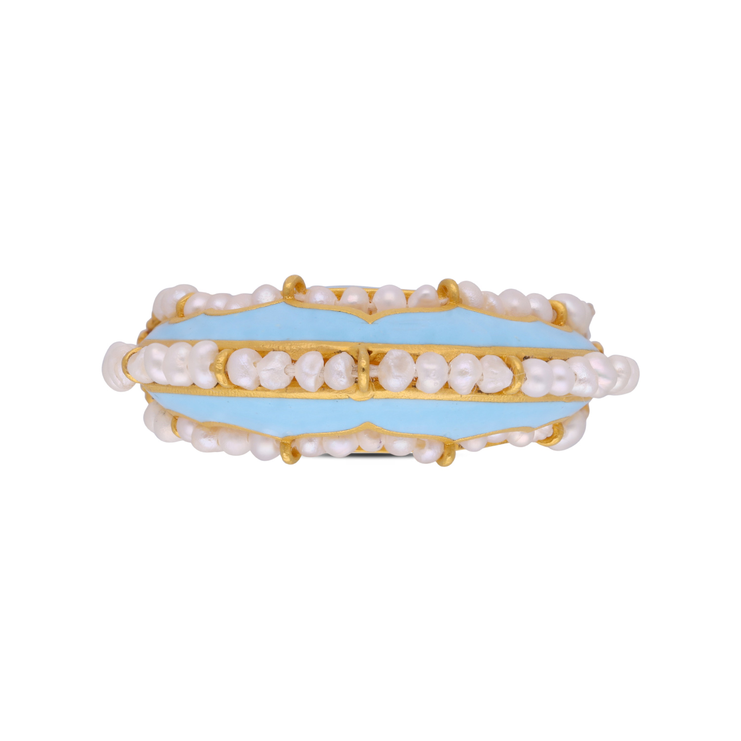 Ornate Gold Ring with Sky Blue Accents and Cultured Pearls