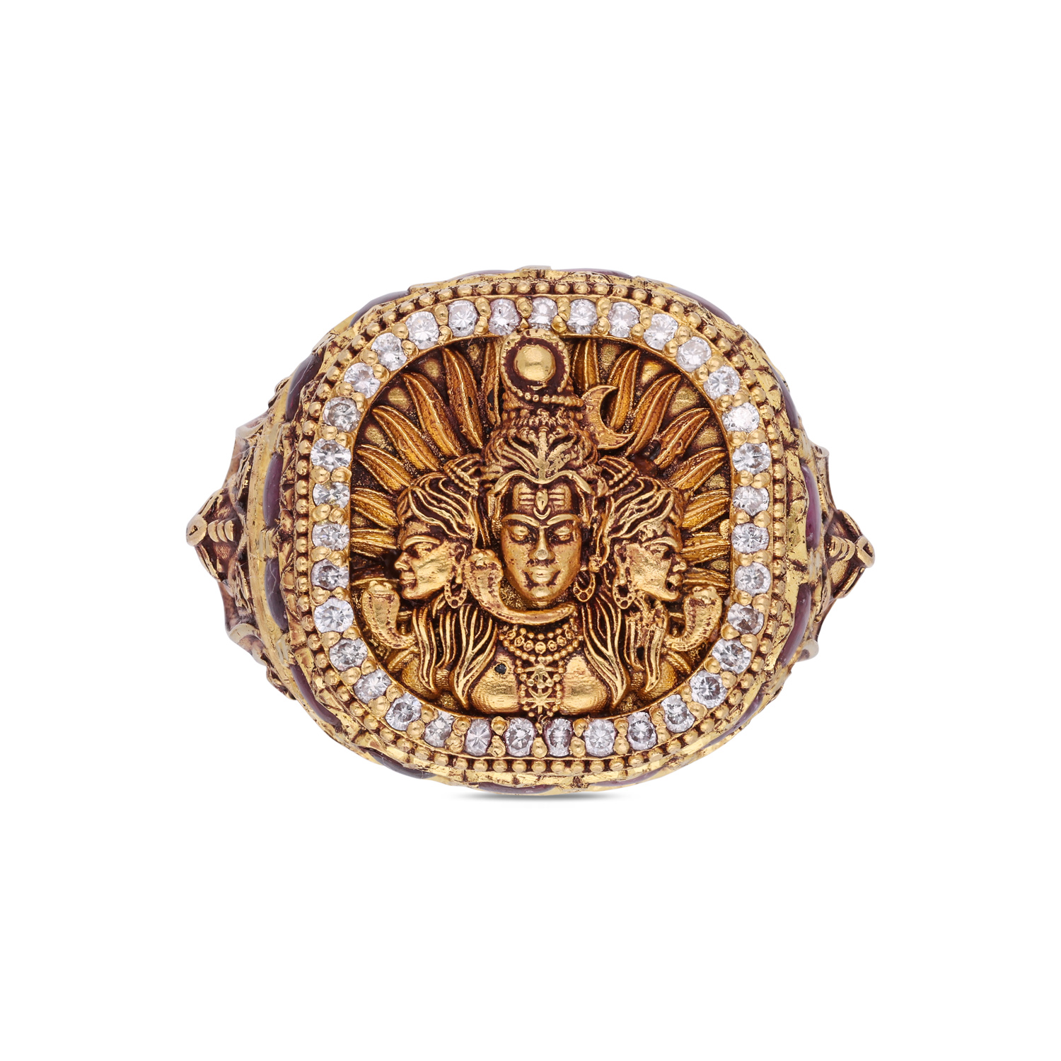 Majestic Tridev Gold Ring with Ruby and Rose Cut Diamonds