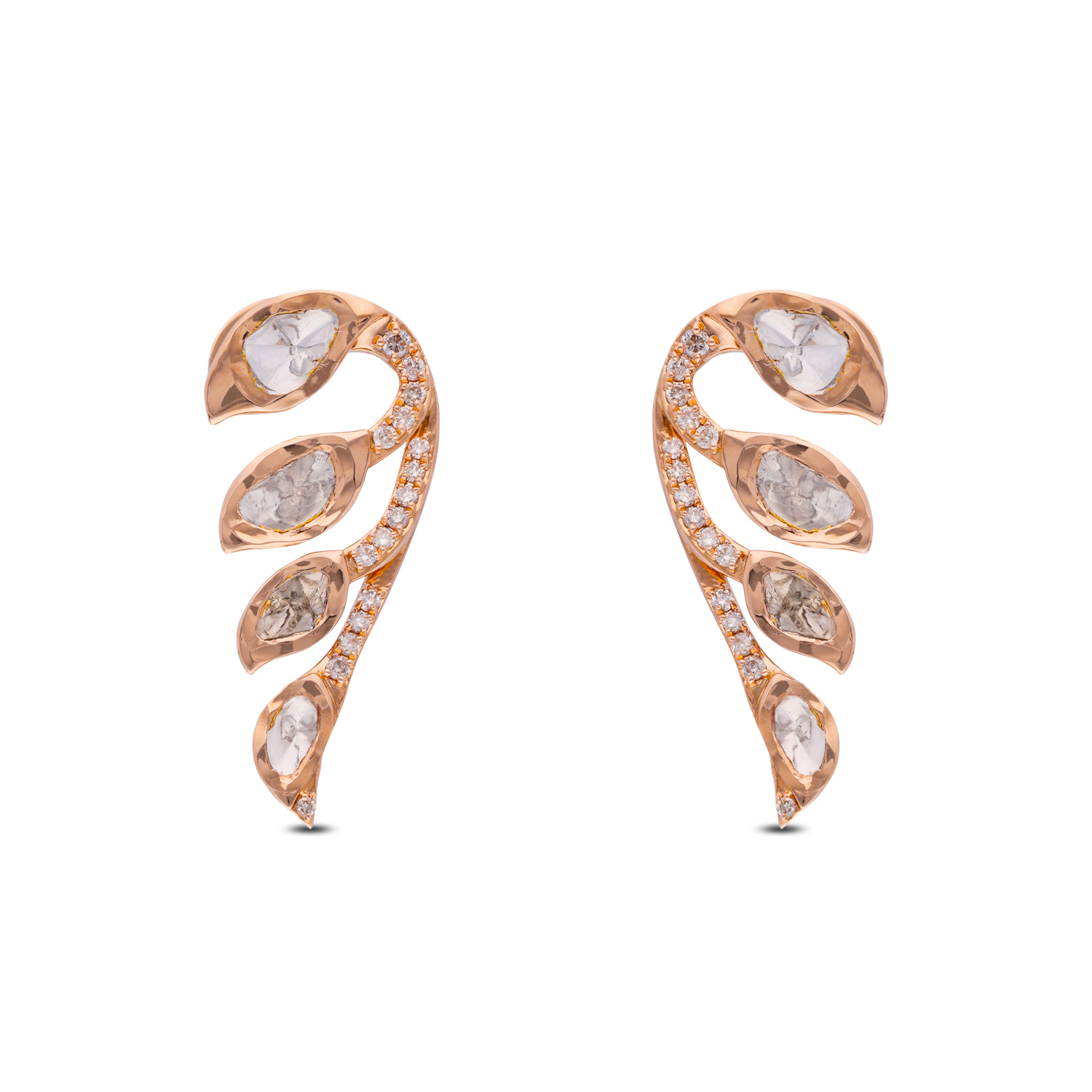 Diamond Vine Leaf Earrings in Rose Gold
