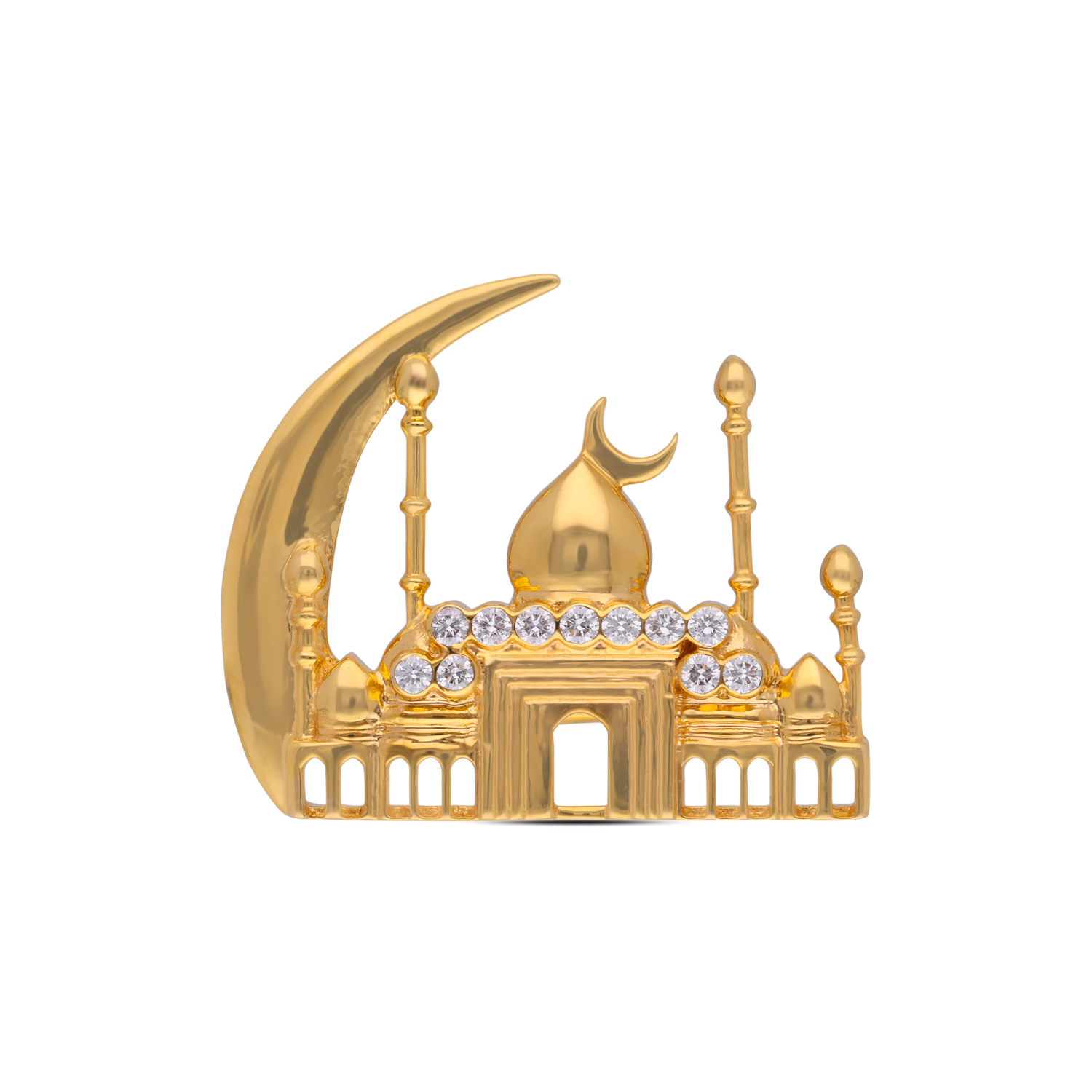 Mosque Crescent Diamond Gold Pendant with Architectural Design