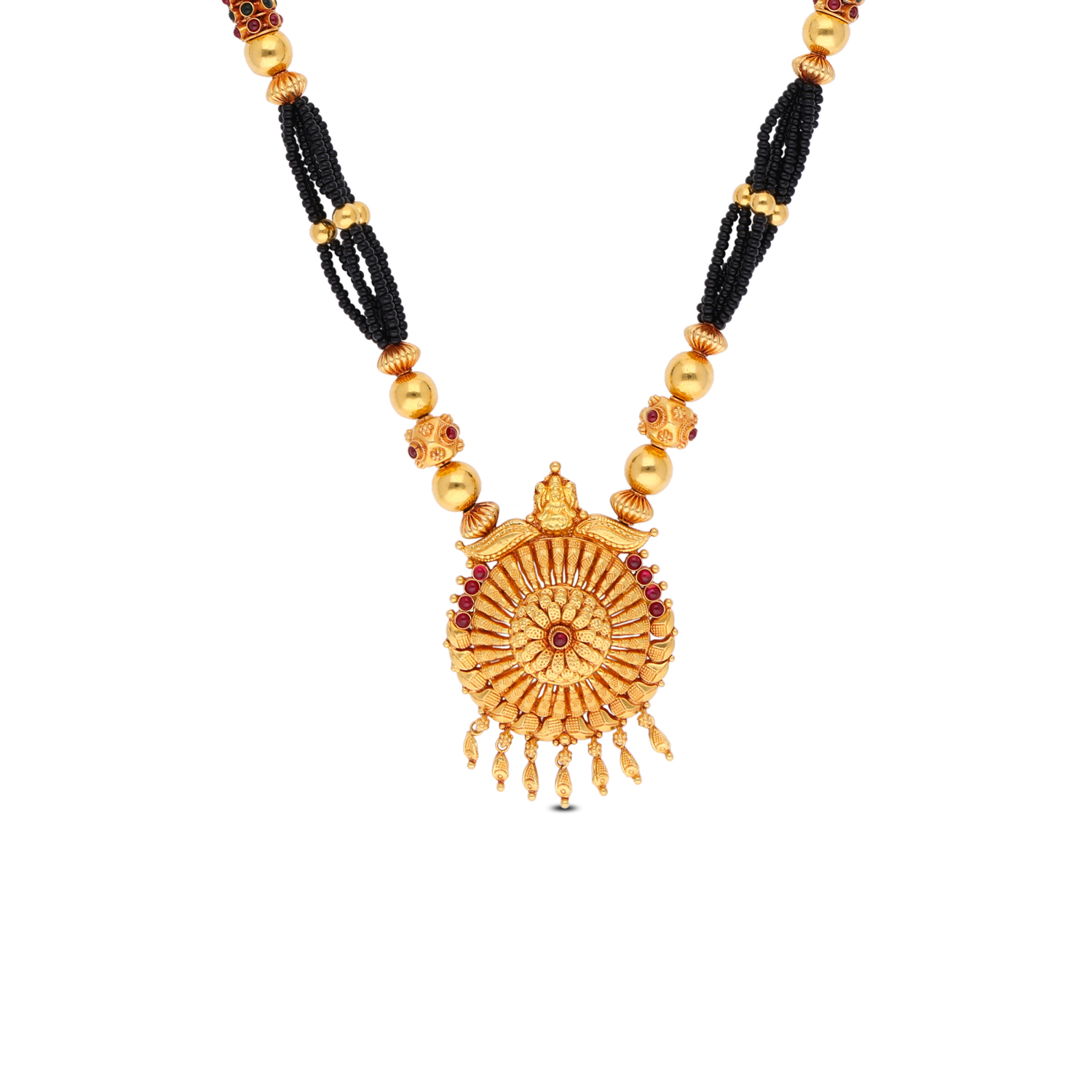 Splendid Sunrise: Red Stone Studded Gold Necklace with Black Tassels