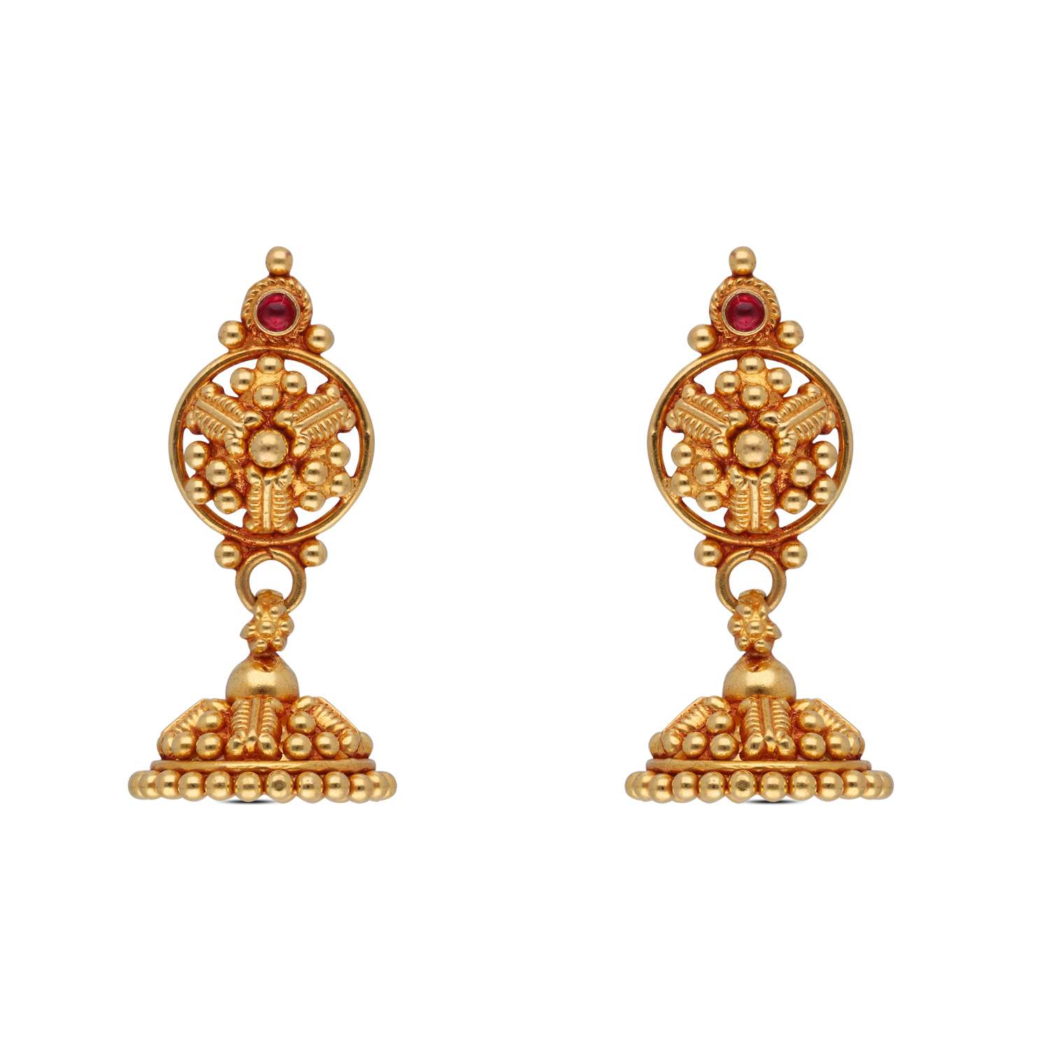 Heritage Radiance: Red Stone Embellished Gold Earrings