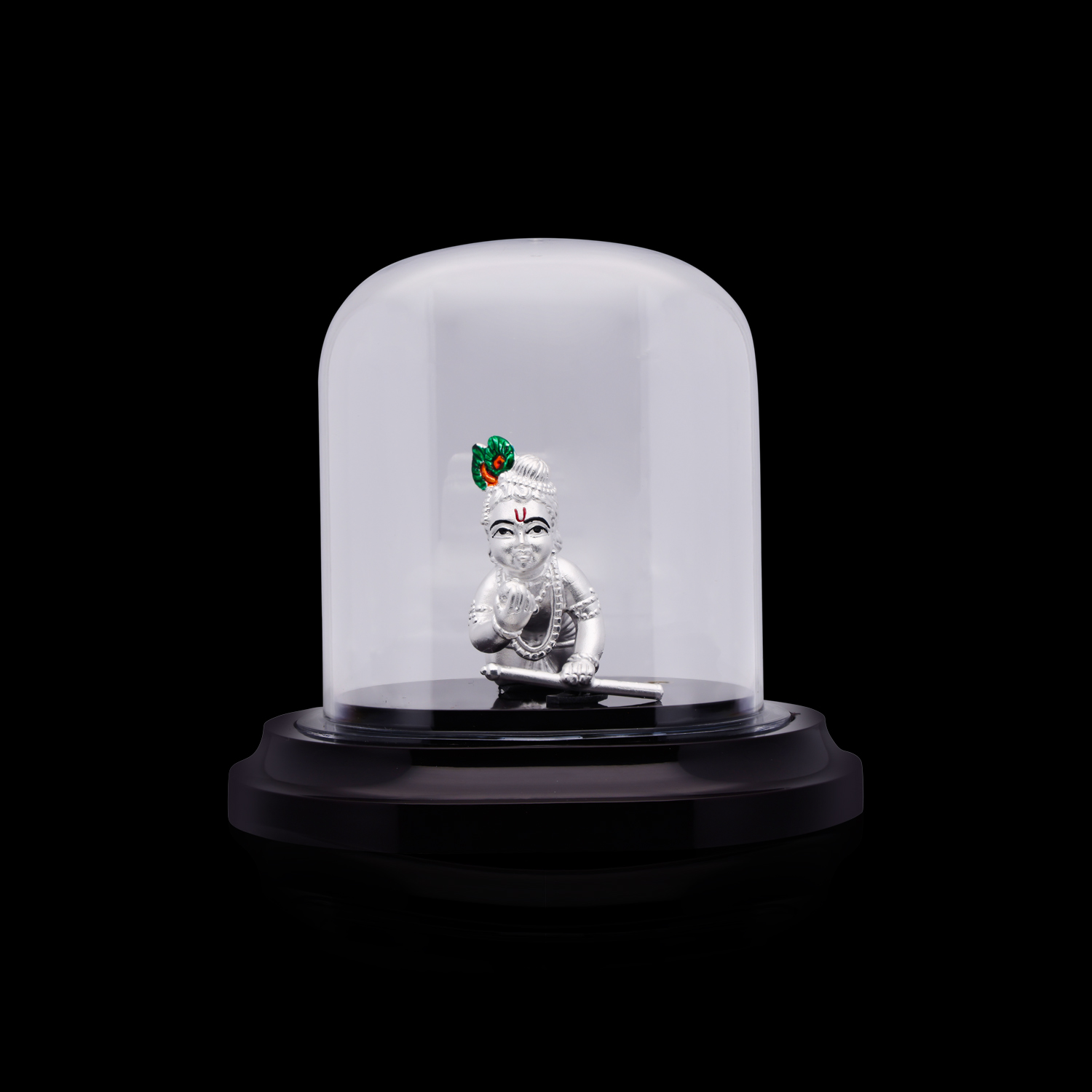 Celestial Bliss: Baby Krishna Silver Idol under Glass Dome