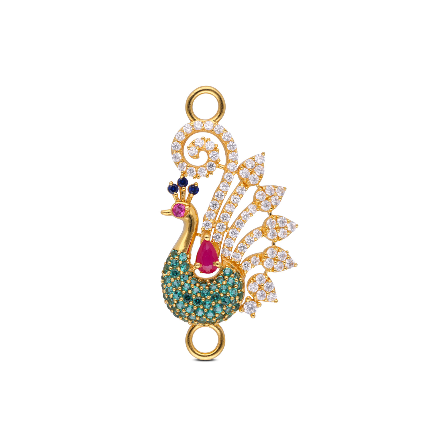 Peacock-Inspired Gold Mugappu with Vibrant Gemstones