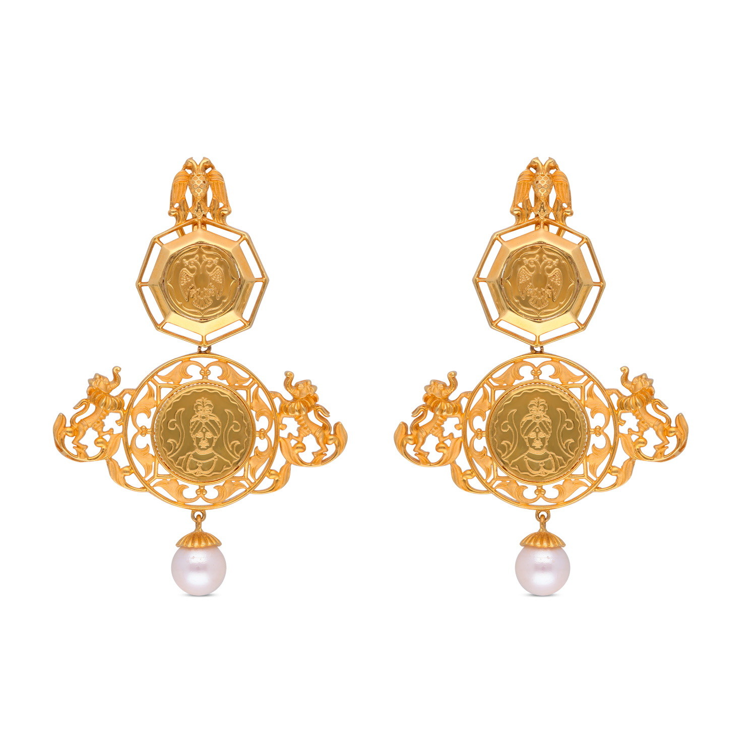 Majestic Heritage Gold Drop Earrings with Cultured Pearl