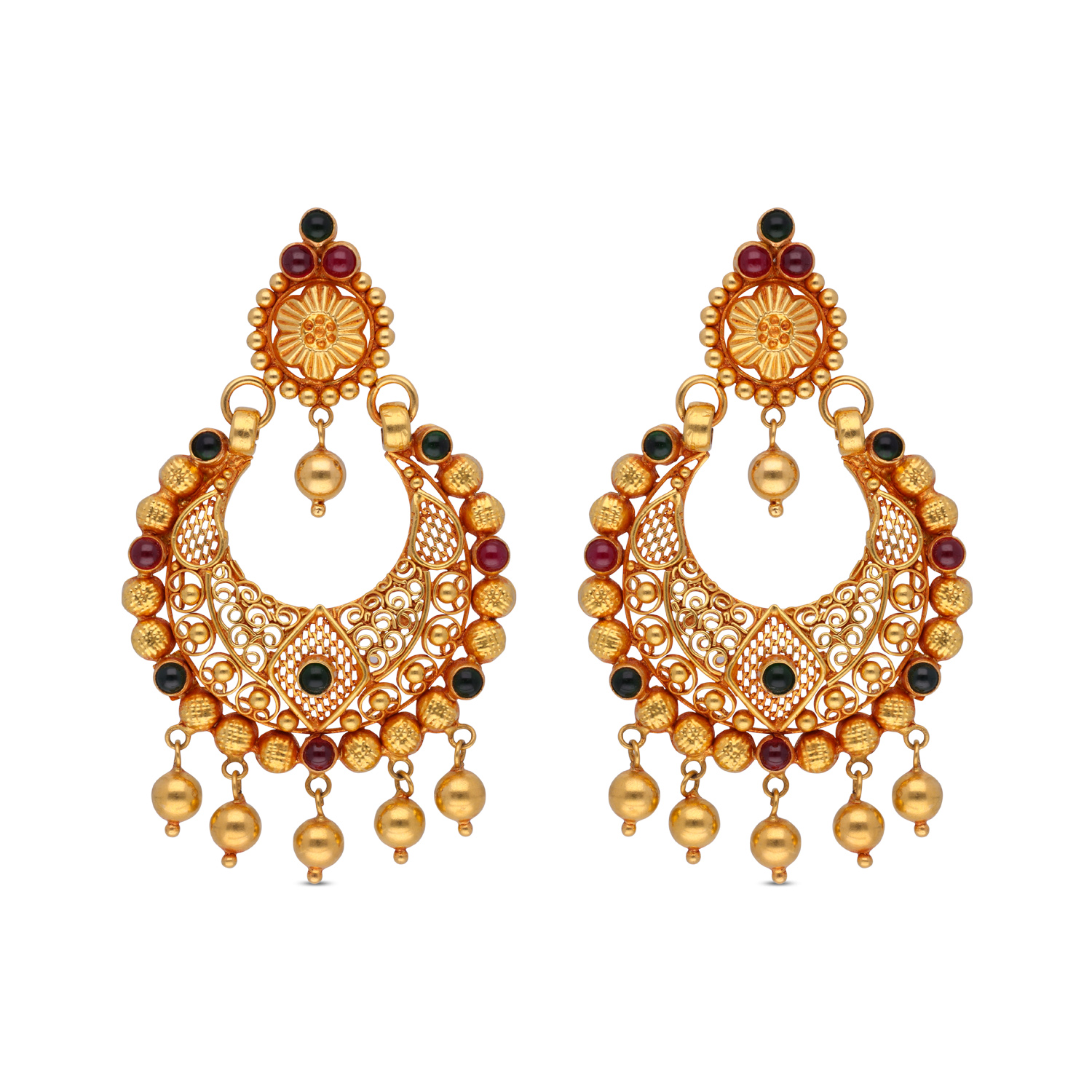 Ornate Gold Chandbali Earrings with Red and Green Gem Accents