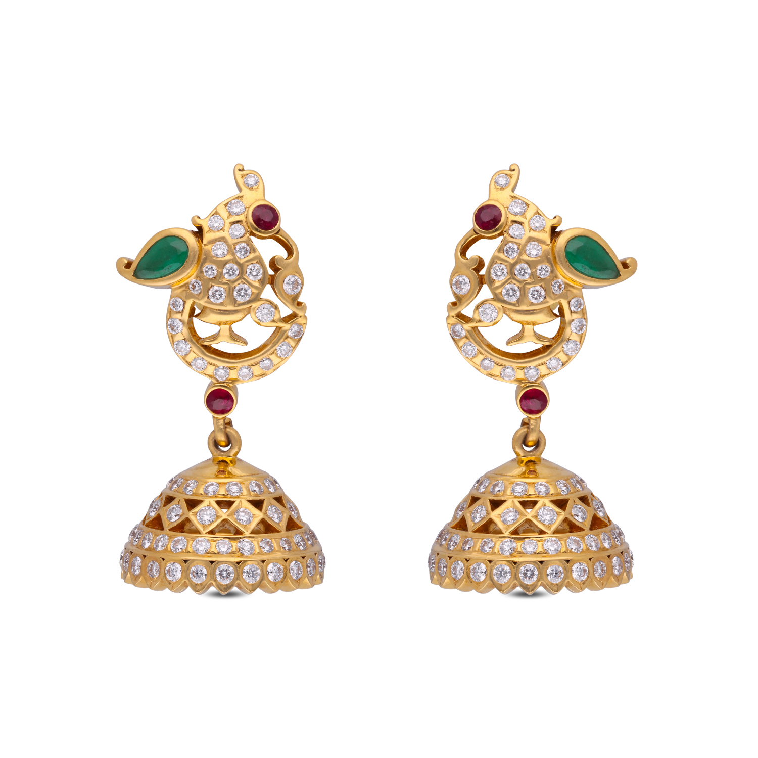 Majestic Gold Jhumka Earrings with Emerald, Ruby, and Diamond Accents