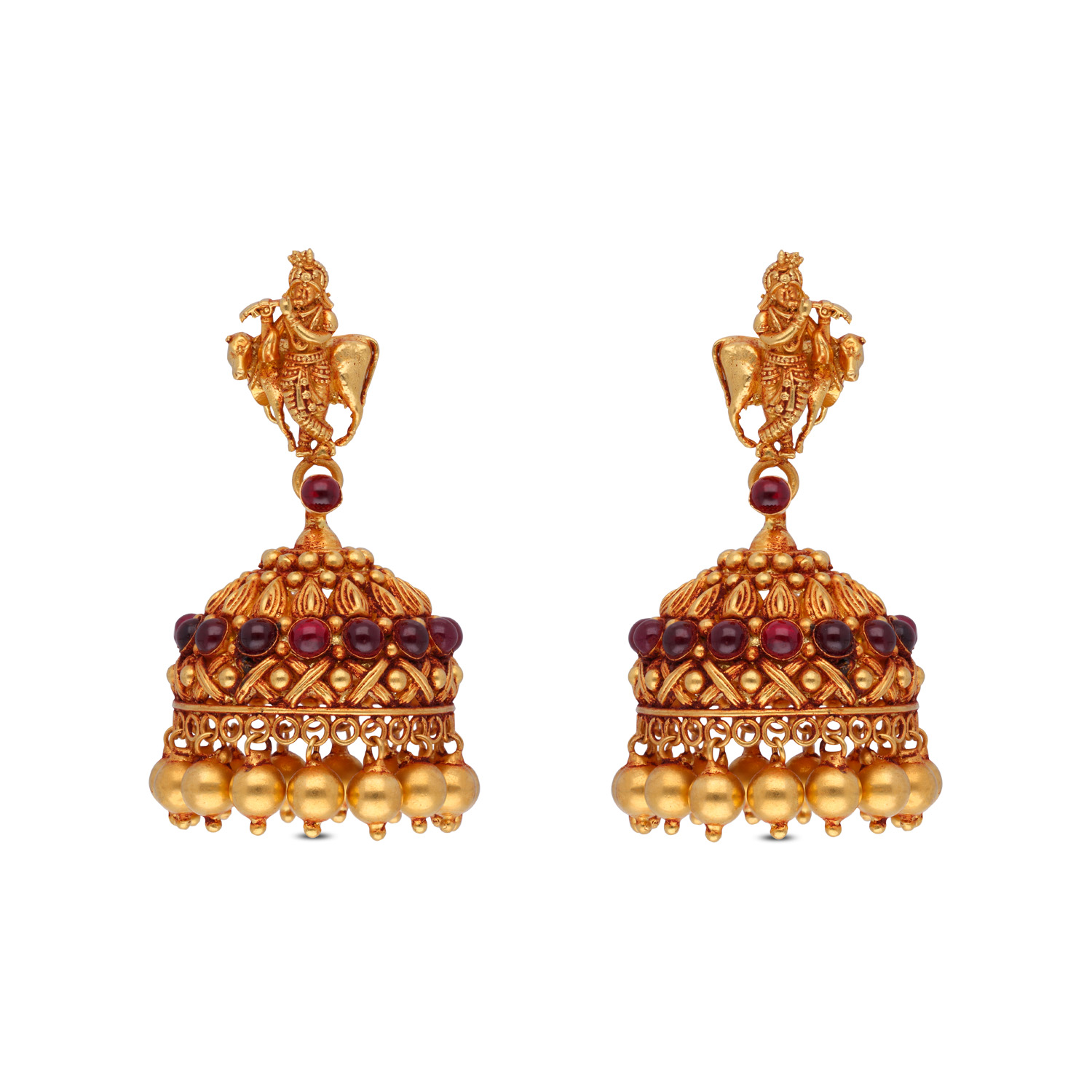Royal Gold Jhumka Earrings with Striking Red Stones