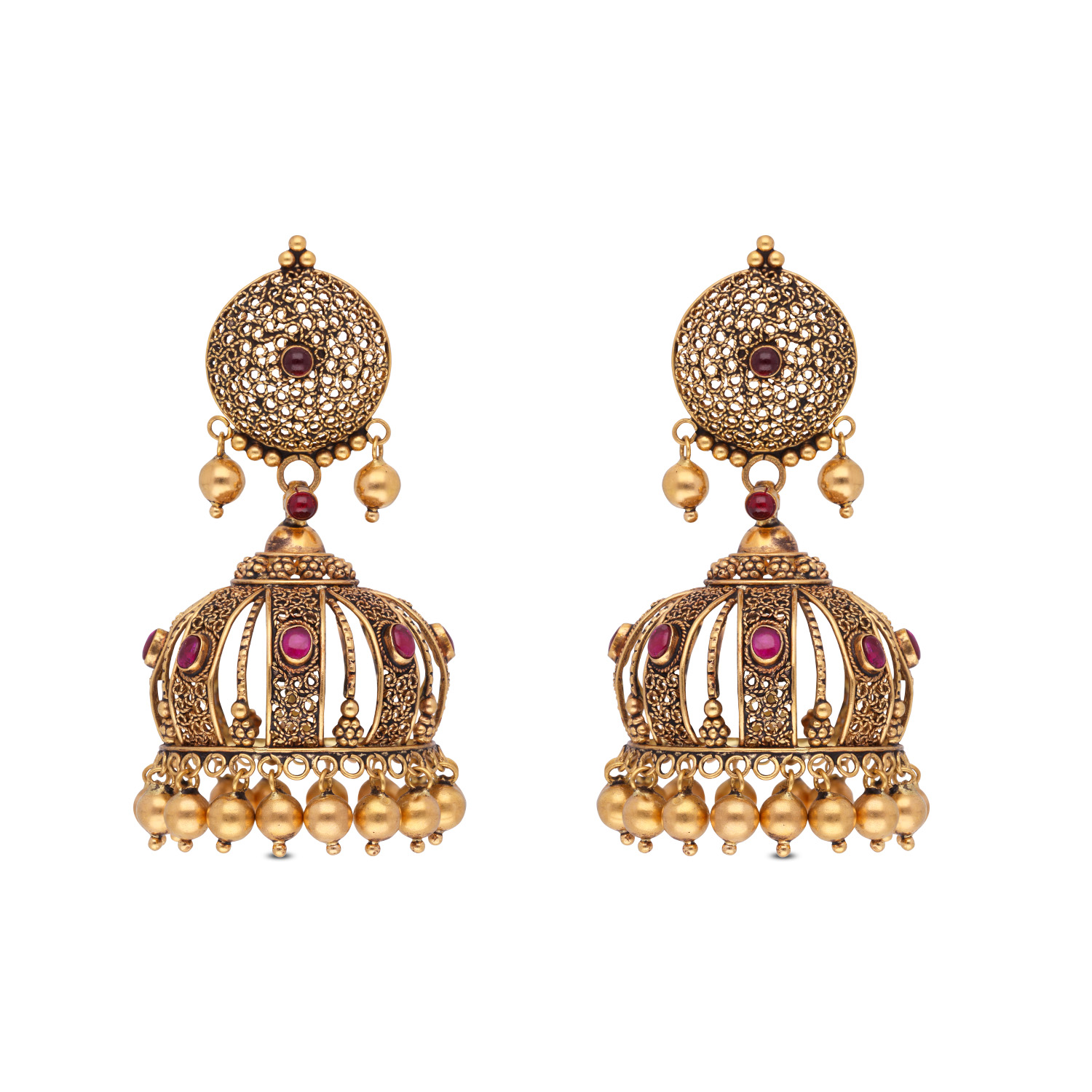 Antique Gold Jhumka Earrings with Red Stones