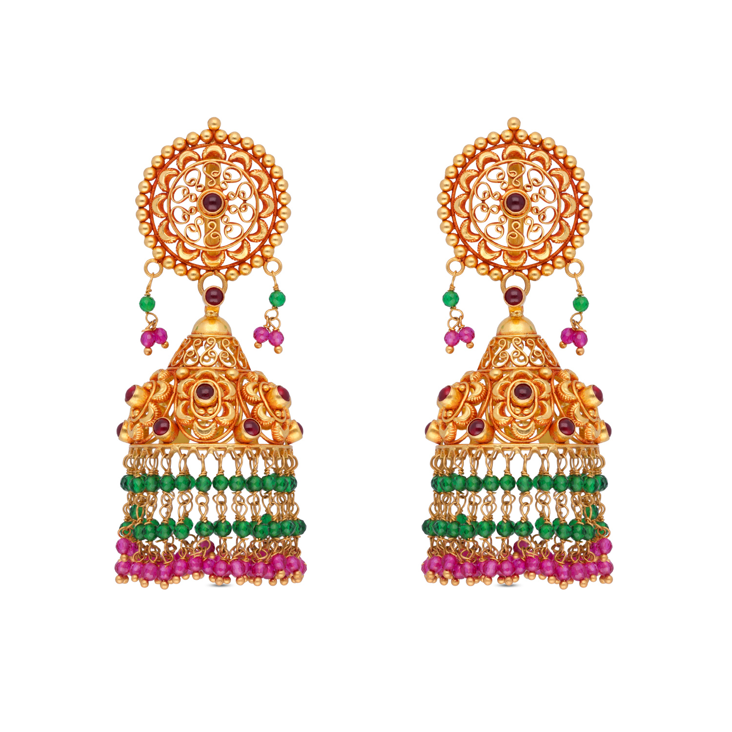 Grand Gold Jhumka Earrings with Red and Green Stone Details