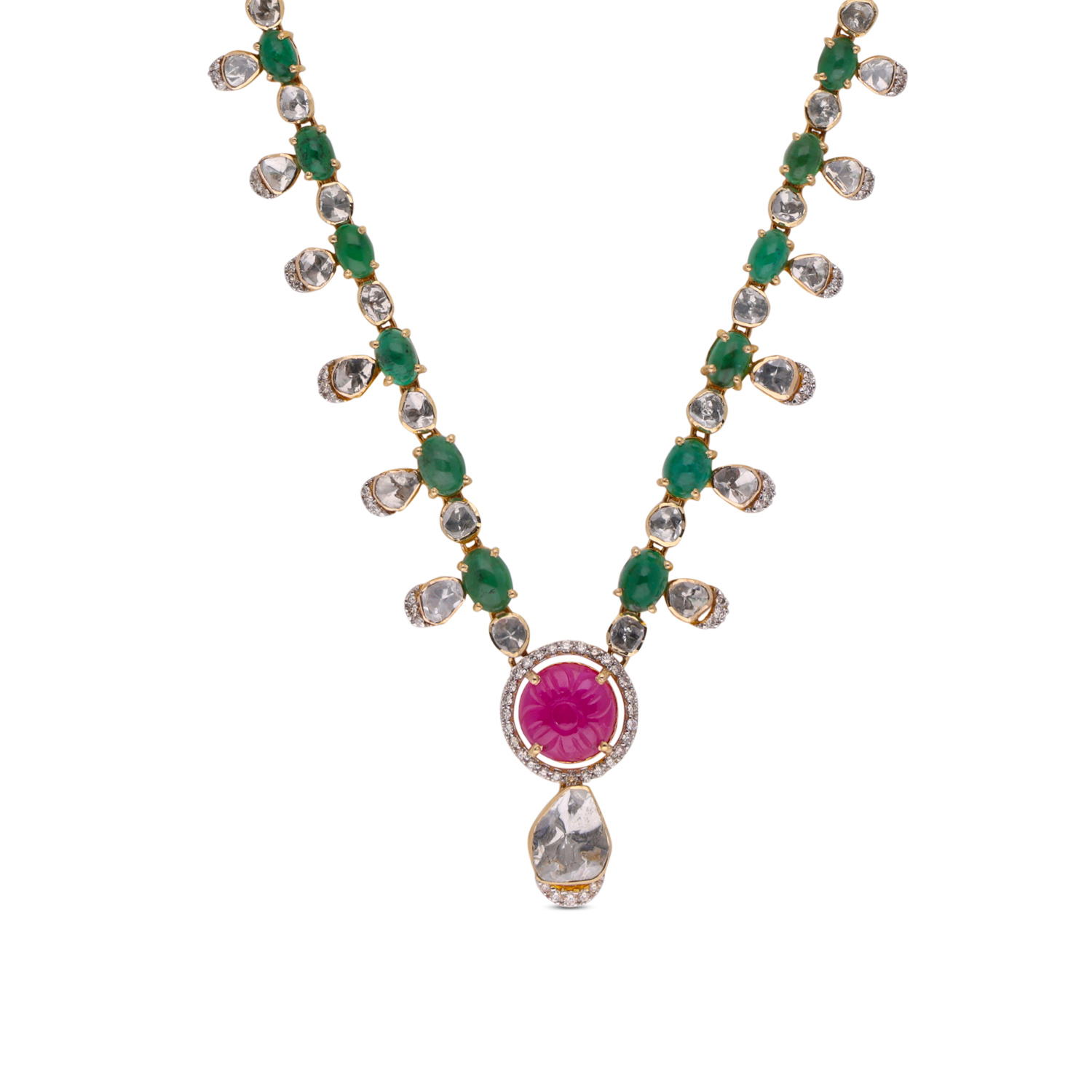 Exquisite Gold Necklace with Diamonds, Emeralds, Rubies, and Cultured Pearls