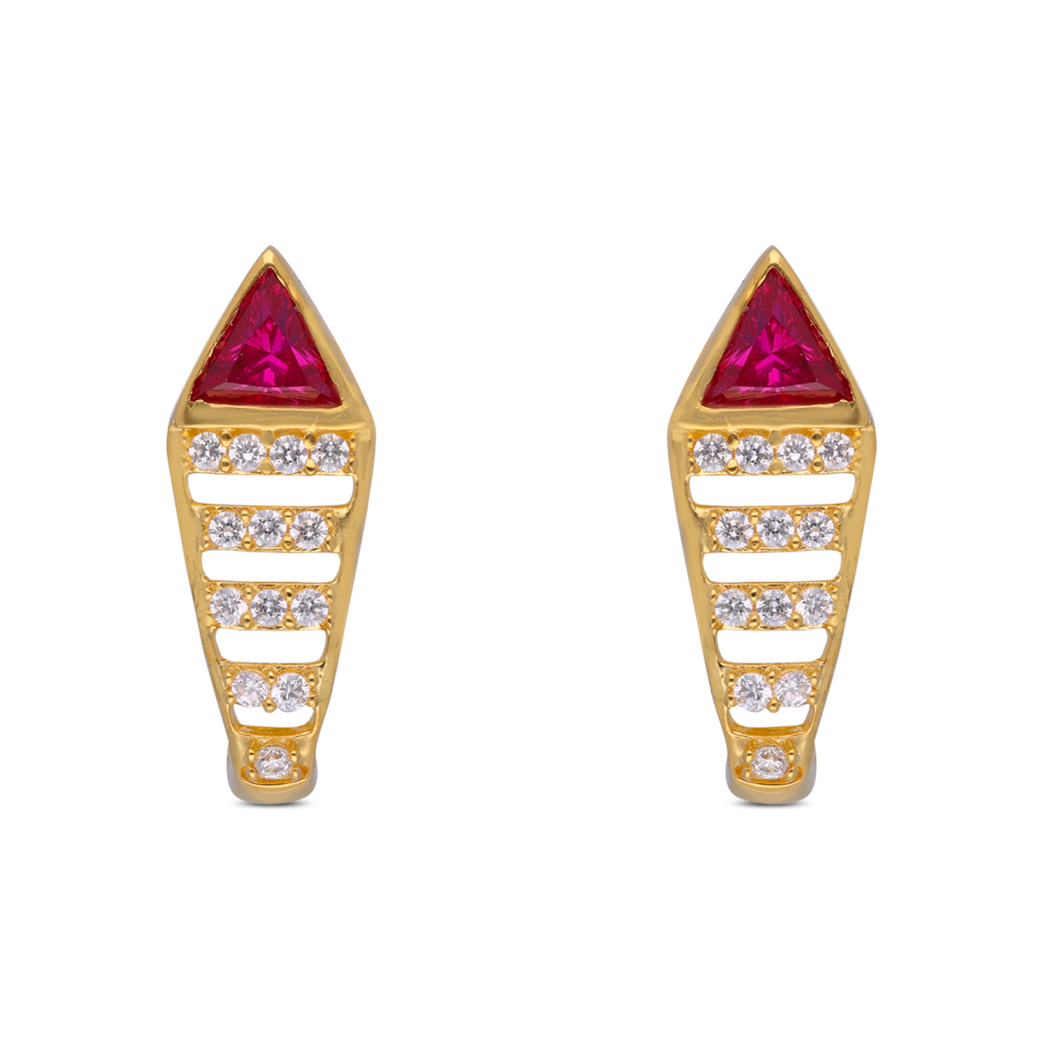 Geometric Gold Ear Studs with Vibrant Red Stone and Zirconia