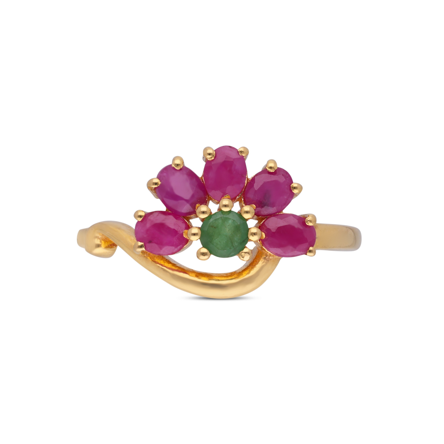 Floral Gold Ring with Ruby Petals and Emerald Center