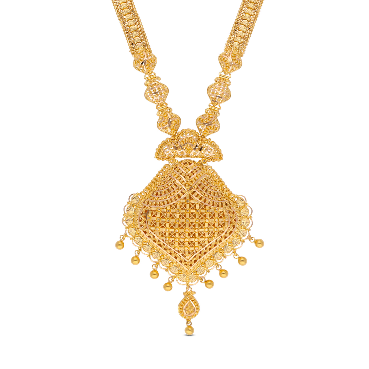 Traditional Gold Necklace with Intricate Lattice Pendant