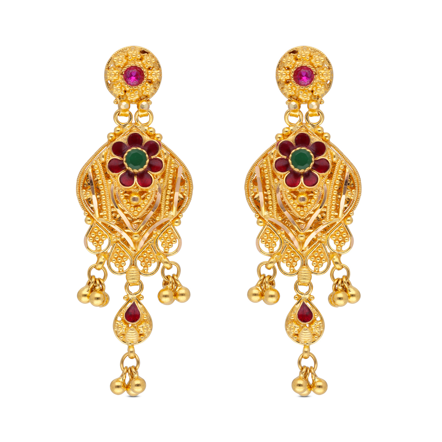 Traditional Gold Drop Earrings with Floral Design and Multi-Color Stones