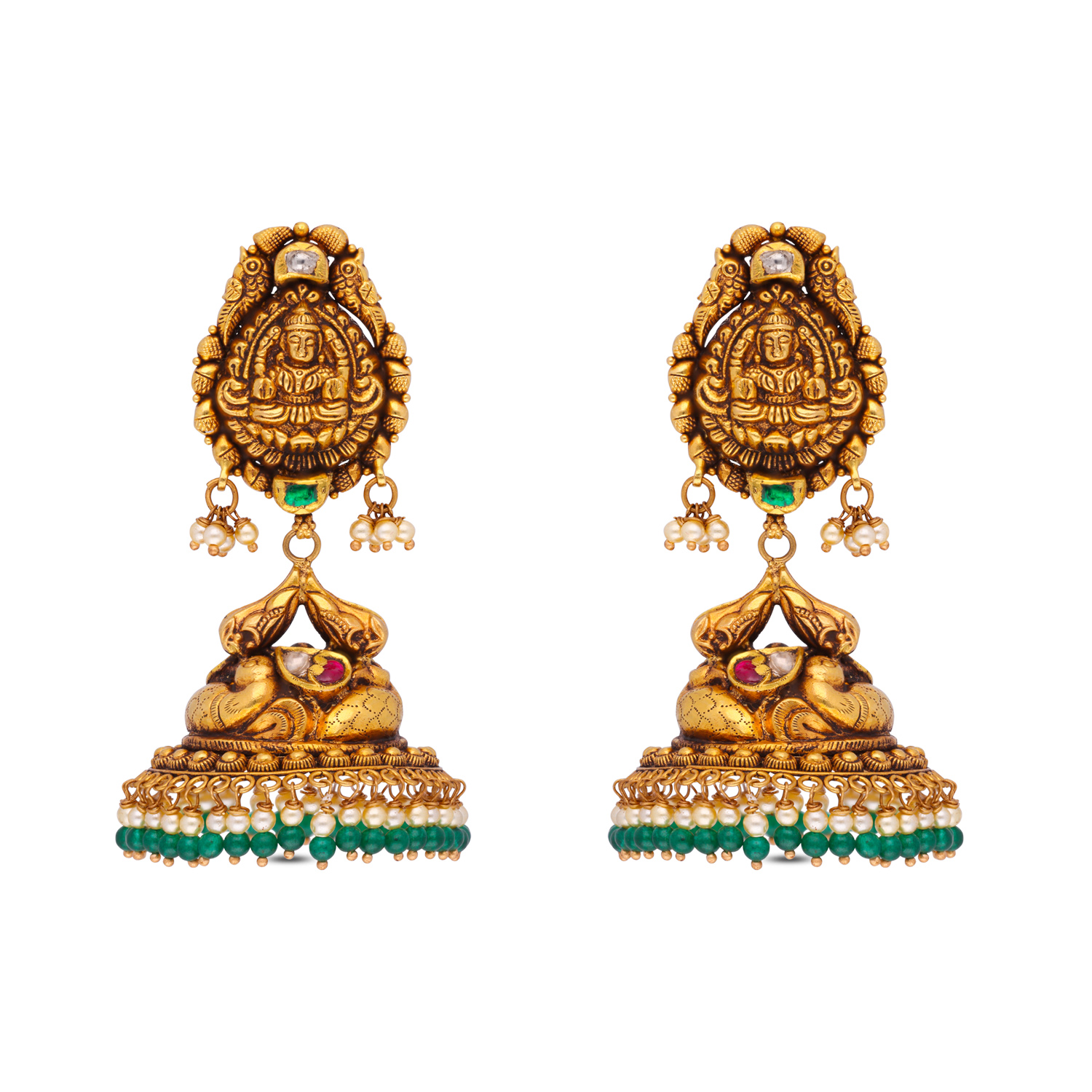 Temple-Inspired Gold Jhumka Earrings with Green Beads and Pearl Accents