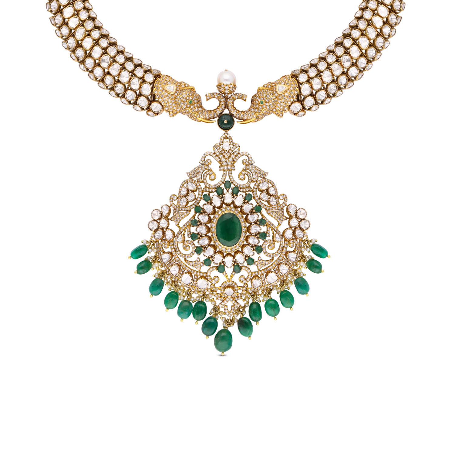 Opulent Emerald, Diamond, and Pearl Gold Choker Necklace