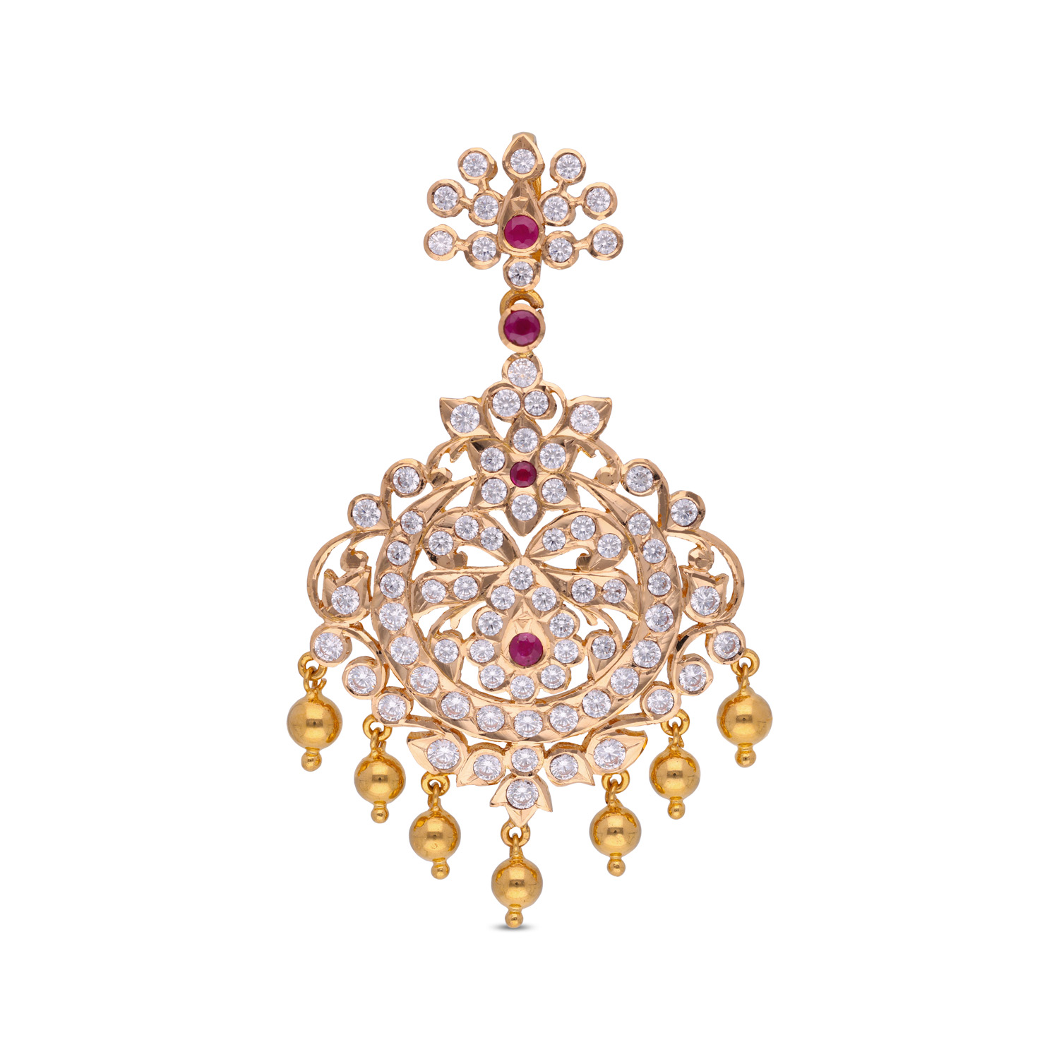 Intricate Gold Pendant with White Cubic Zirconia and Ruby Accents