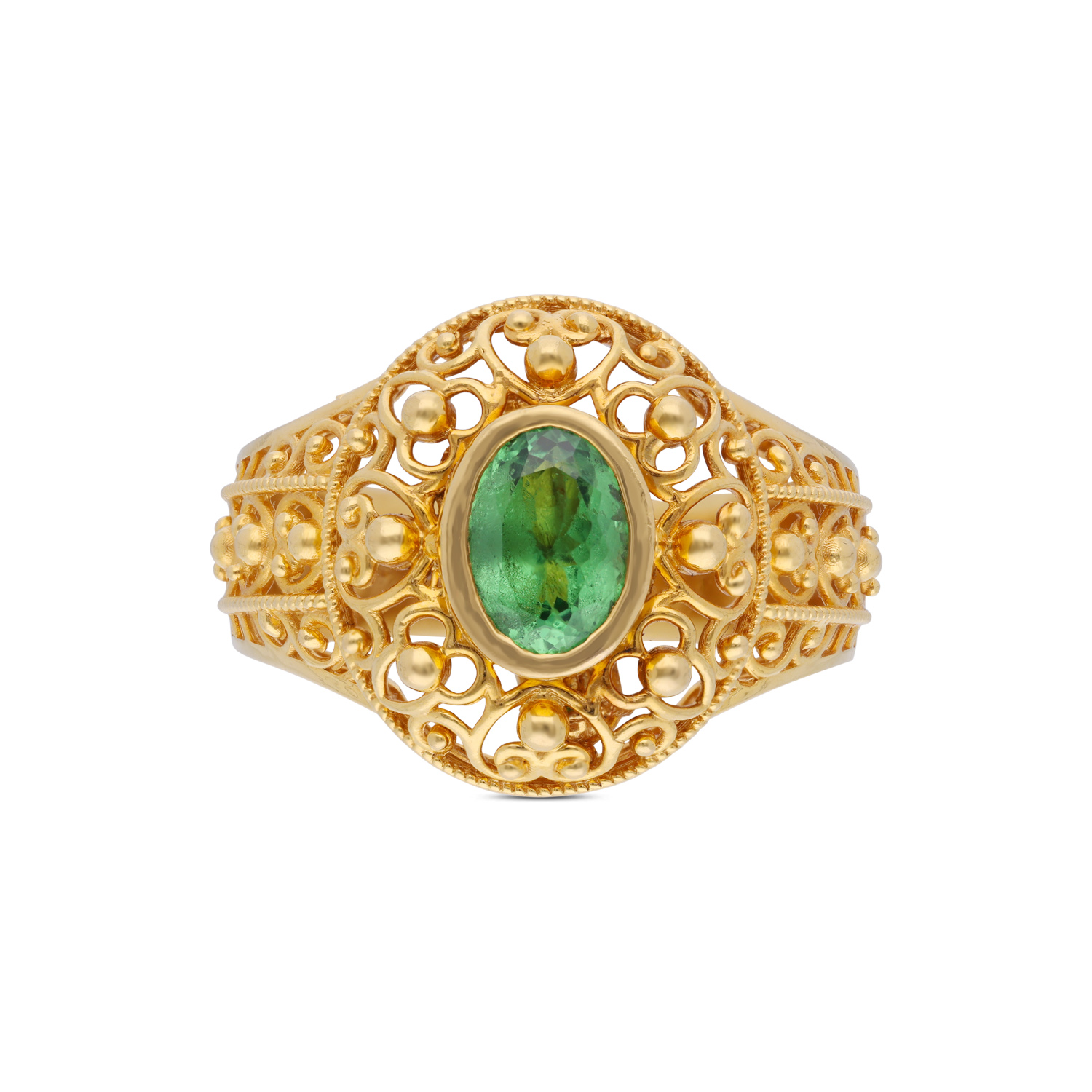 Regal Gold Ring with Tsavorite Garnet & Intricate Filigree