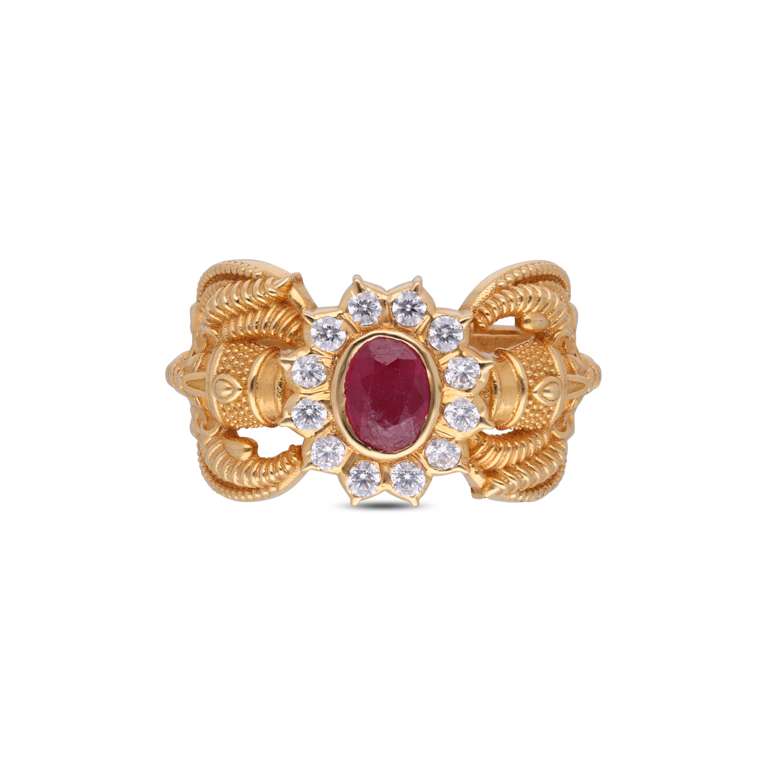 Divine Majesty: Gold Ring with Red Stone and Cubic Zirconia