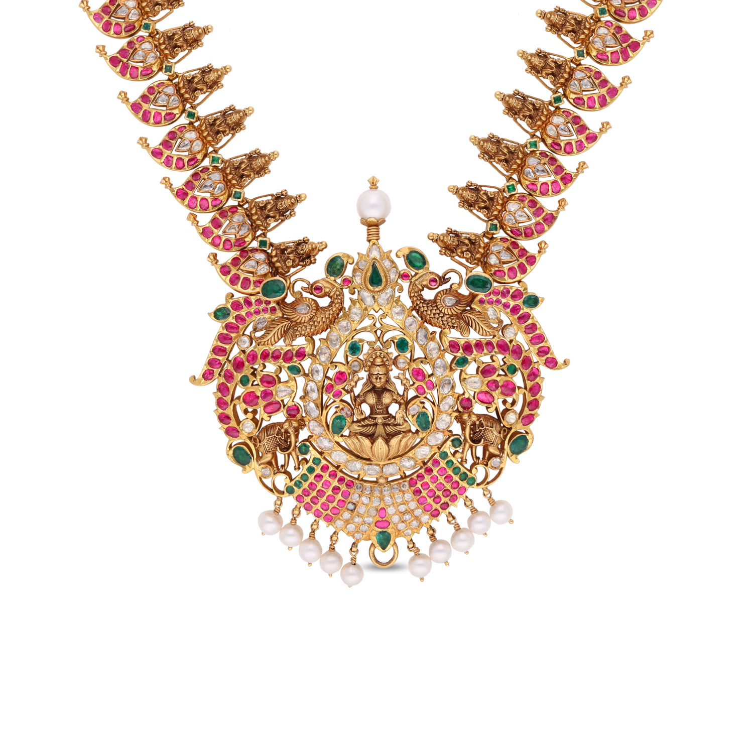 Majestic Heritage Gold Necklace with Ruby, Emerald, and South Sea Pearls