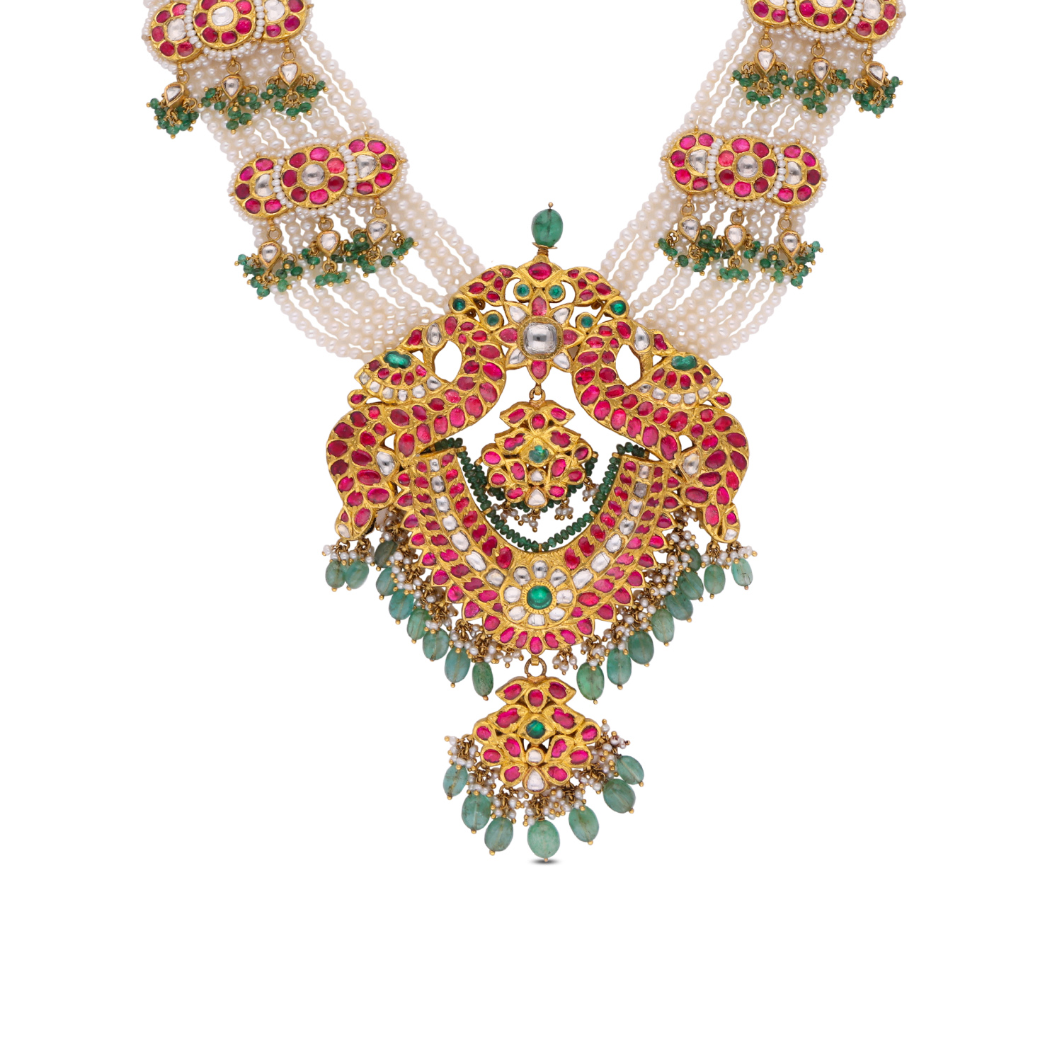 Regal Gold Necklace with Ruby, Cultured Pearl, and Emerald