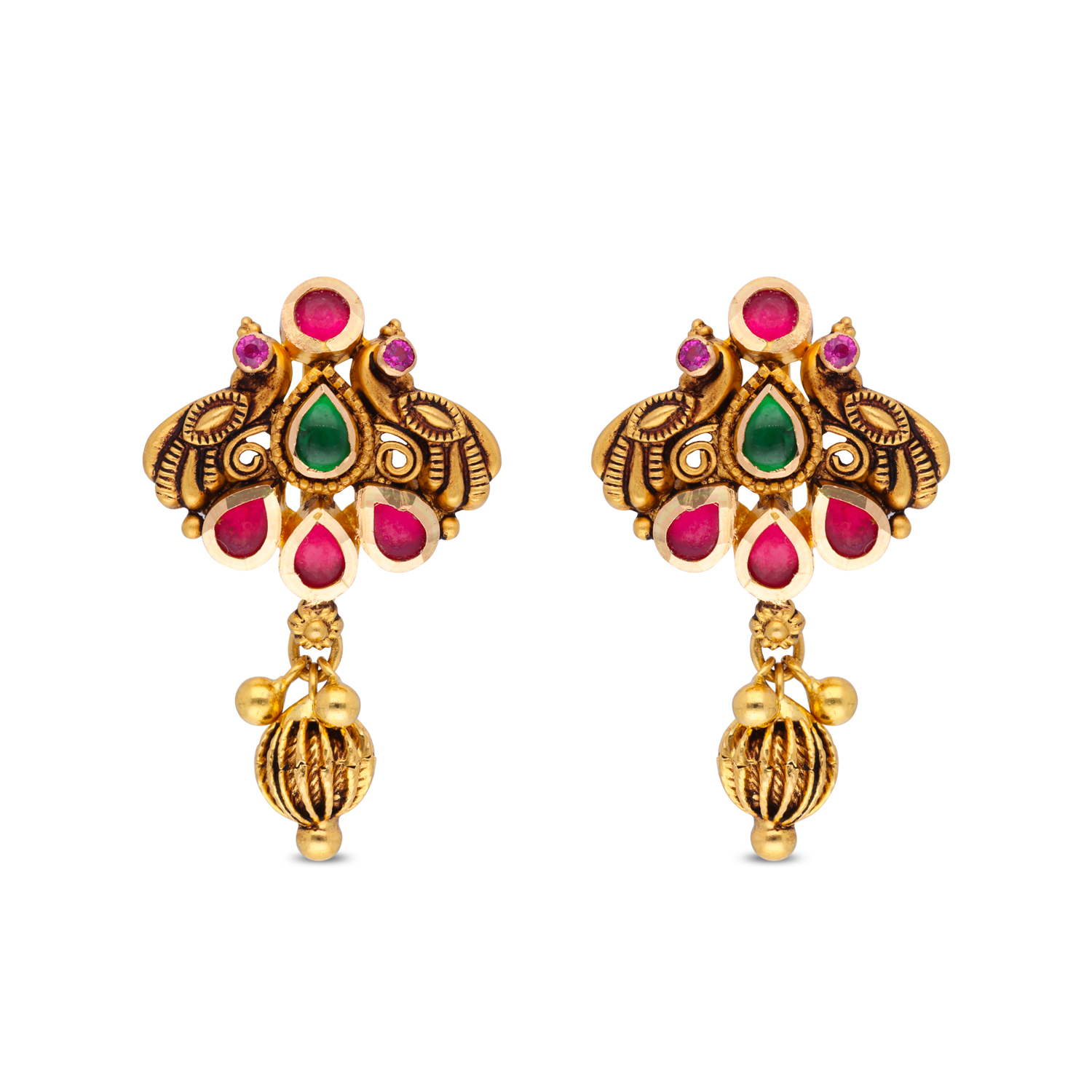 Regal Heritage Gold Earrings with Red & Multi-Colored Stones