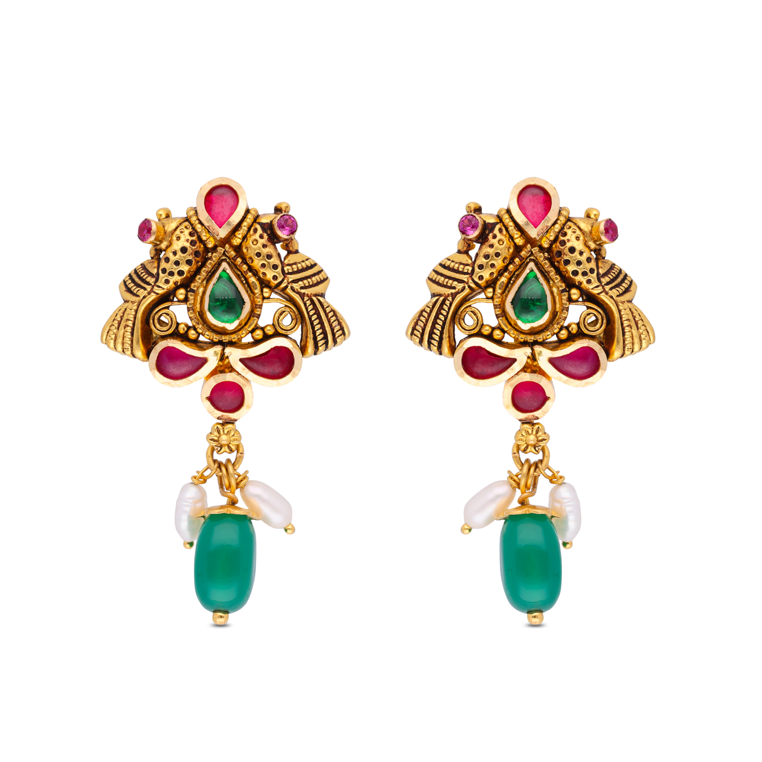 Antique Gold Earrings with Green, Red & Multi-Colored Stones & Pearls