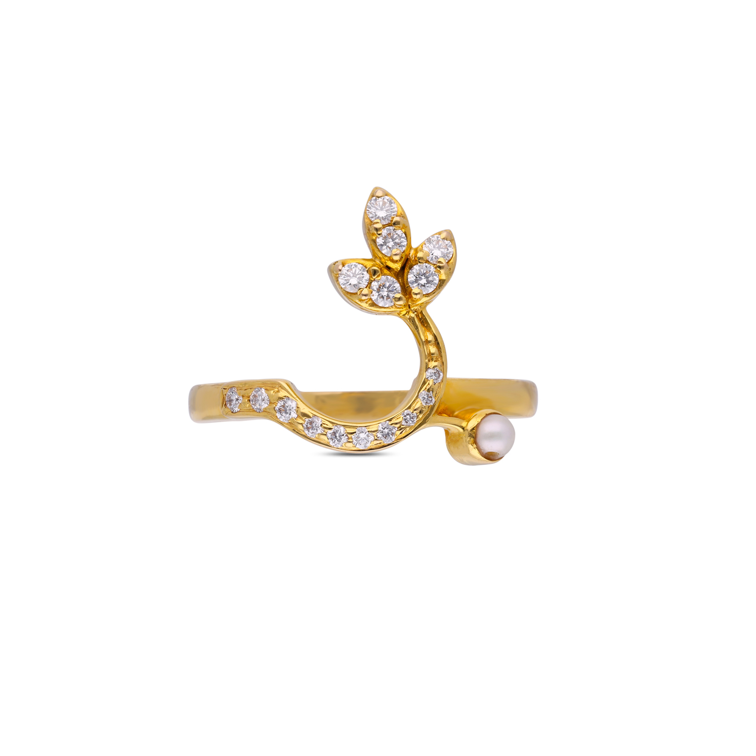 Floral Vine Diamond Gold Ring with Pearl Accent