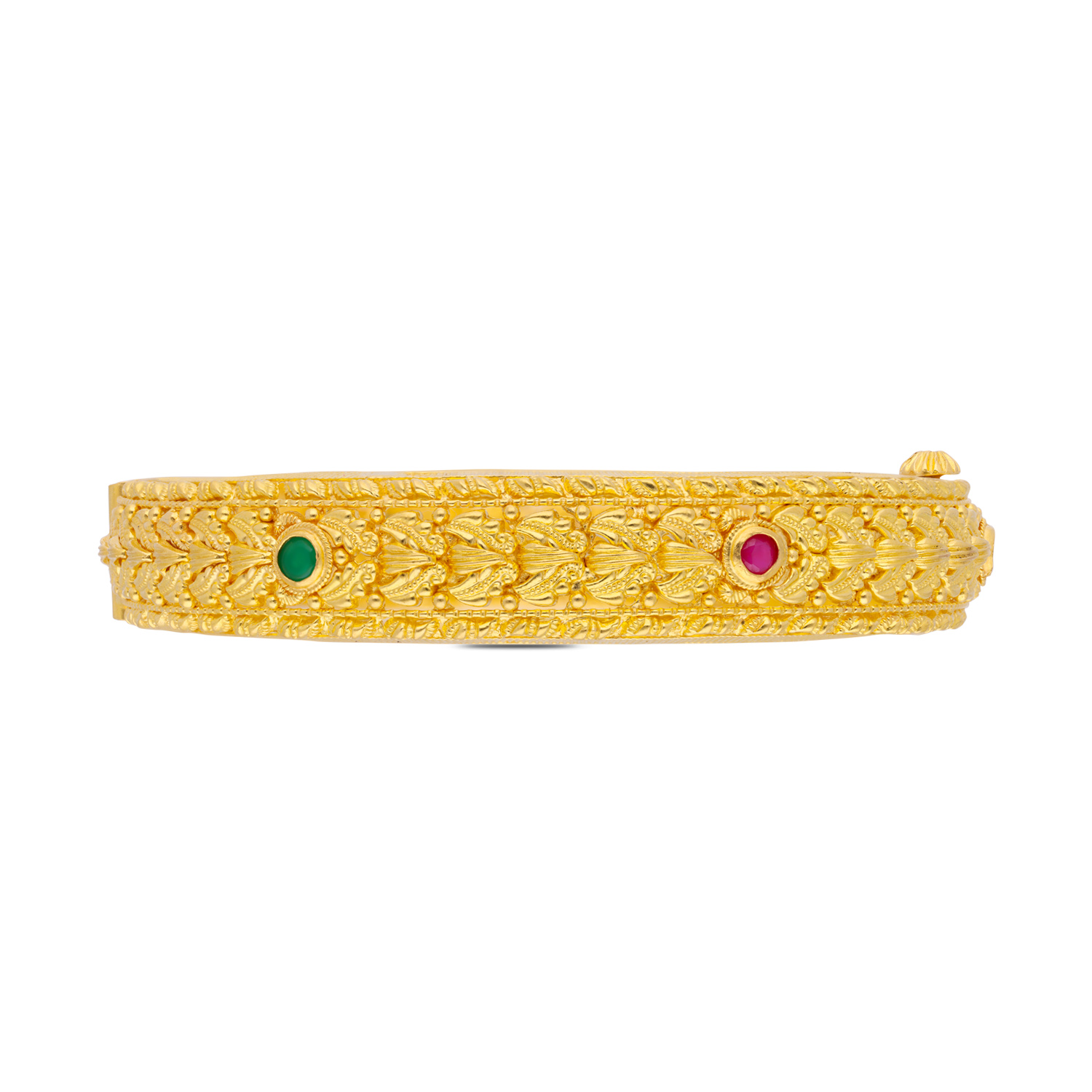 Regal Heritage Gold Bangle with Intricate Motifs & Precious Gem Accents