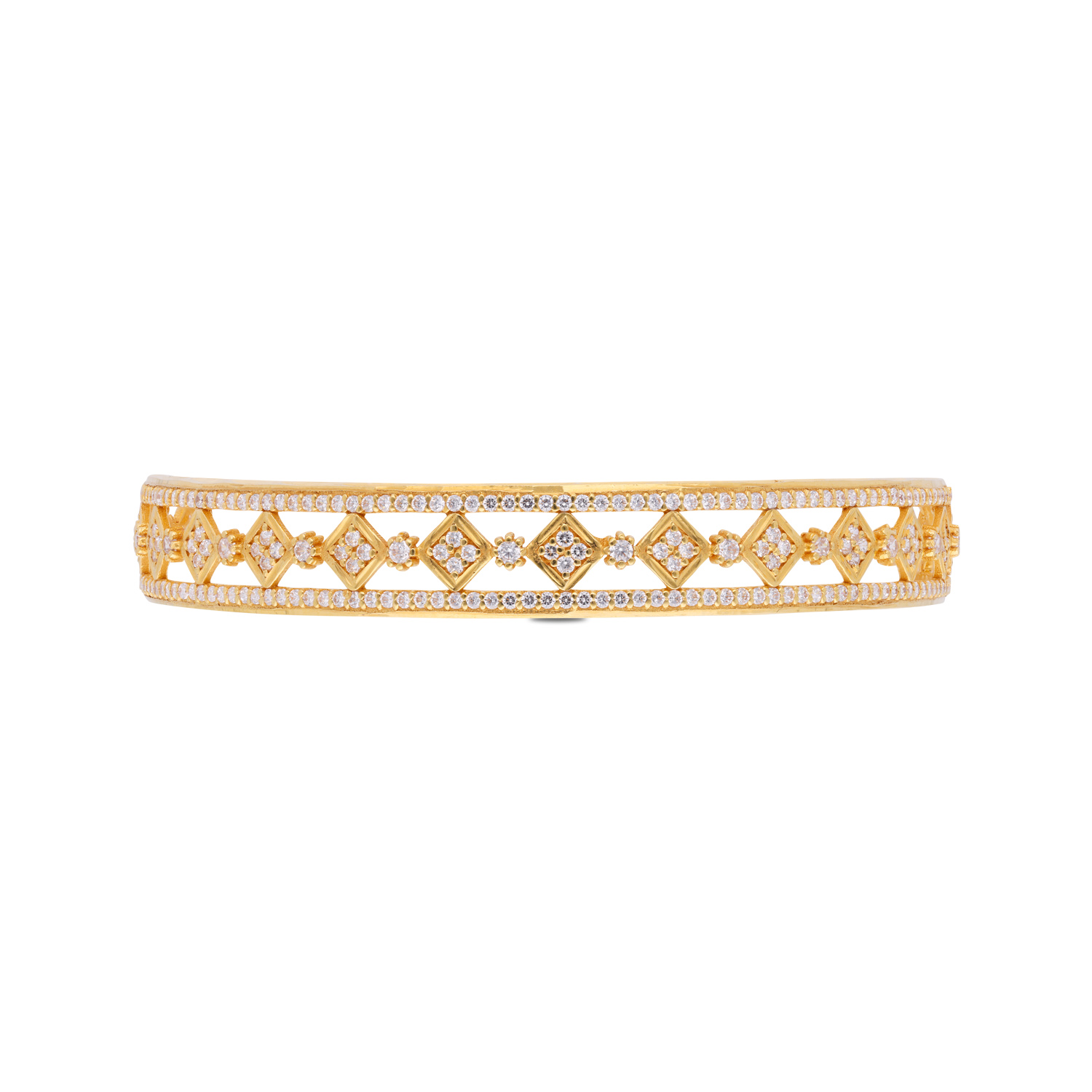 Regal Brilliance: Intricately Designed Gold Bangles with Sparkling White Cubic Zirconia